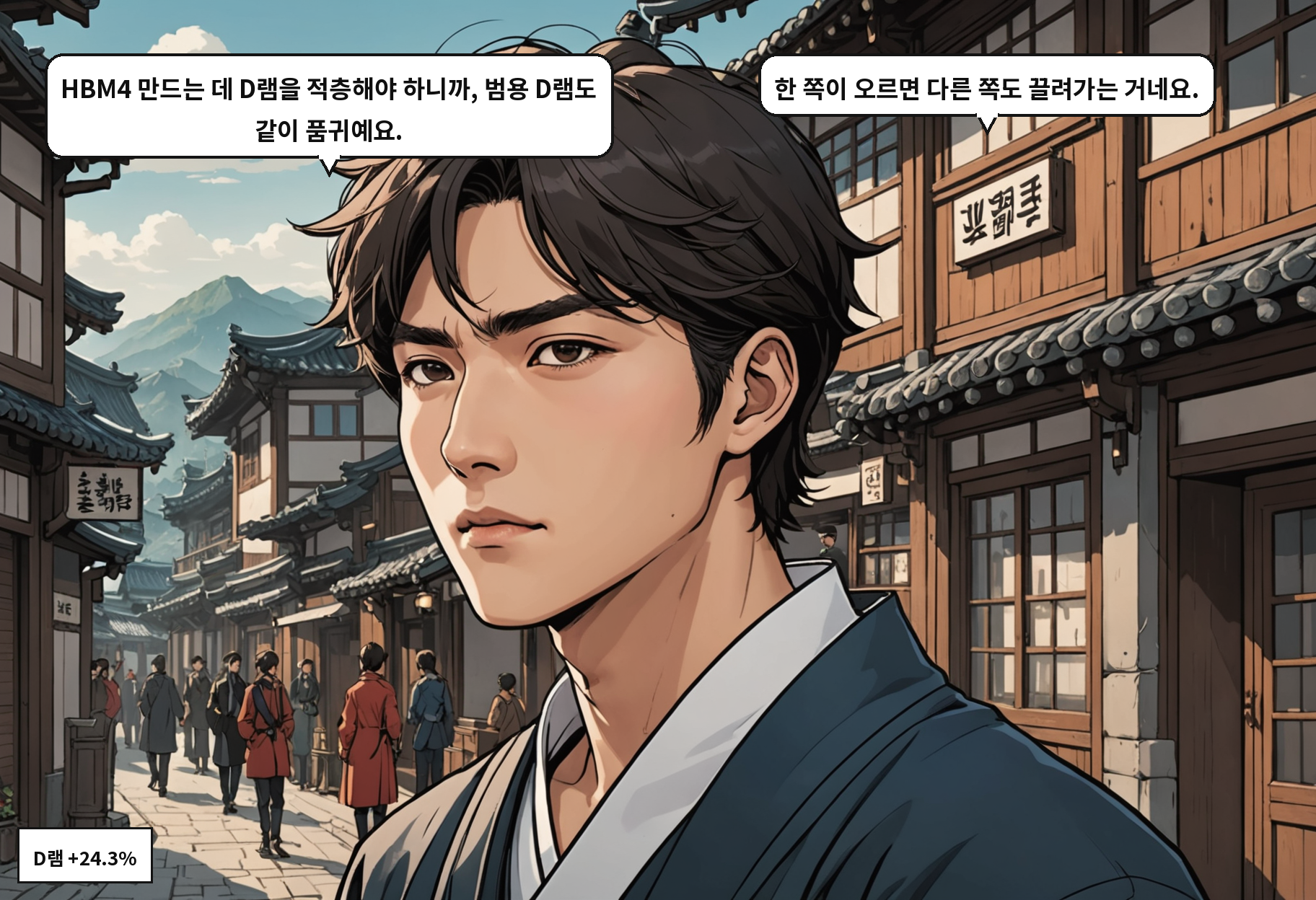 B: HBM4 만드는 데 D램을 적층해야 하니까, 범용 D램도 같이 품귀예요. A: 한 쪽이 오르면 다른 쪽도 끌려가는 거네요.