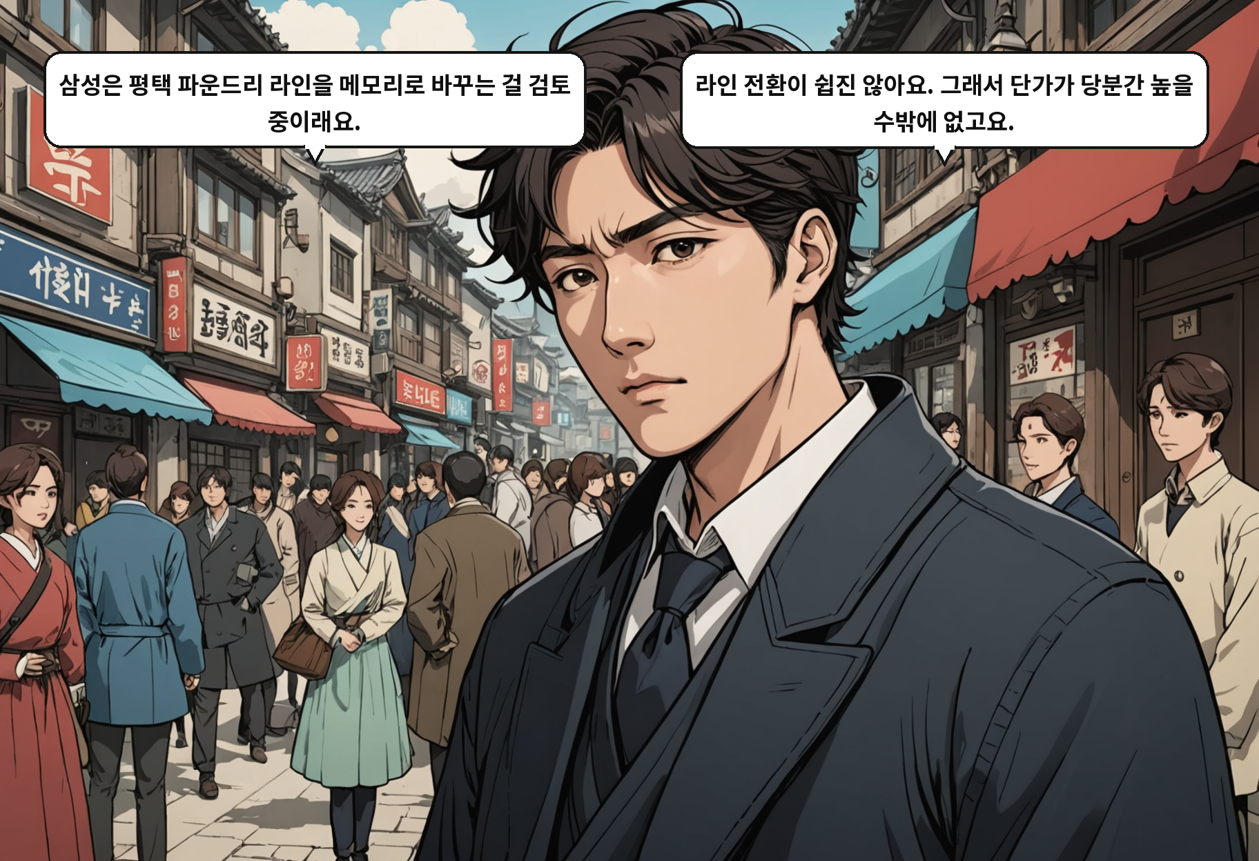 A: 삼성은 평택 파운드리 라인을 메모리로 바꾸는 걸 검토 중이래요. B: 라인 전환이 쉽진 않아요. 그래서 단가가 당분간 높을 수밖에 없고요.