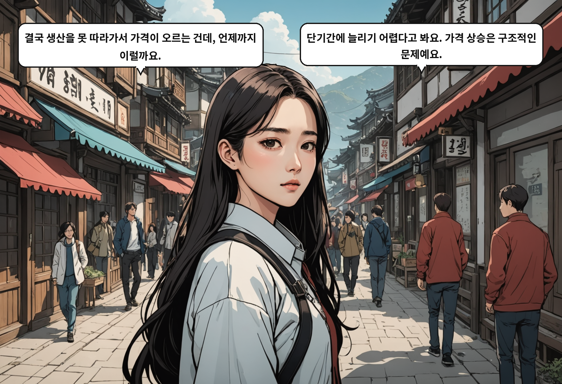 A: 결국 생산을 못 따라가서 가격이 오르는 건데, 언제까지 이럴까요. B: 단기간에 늘리기 어렵다고 봐요. 가격 상승은 구조적인 문제예요.