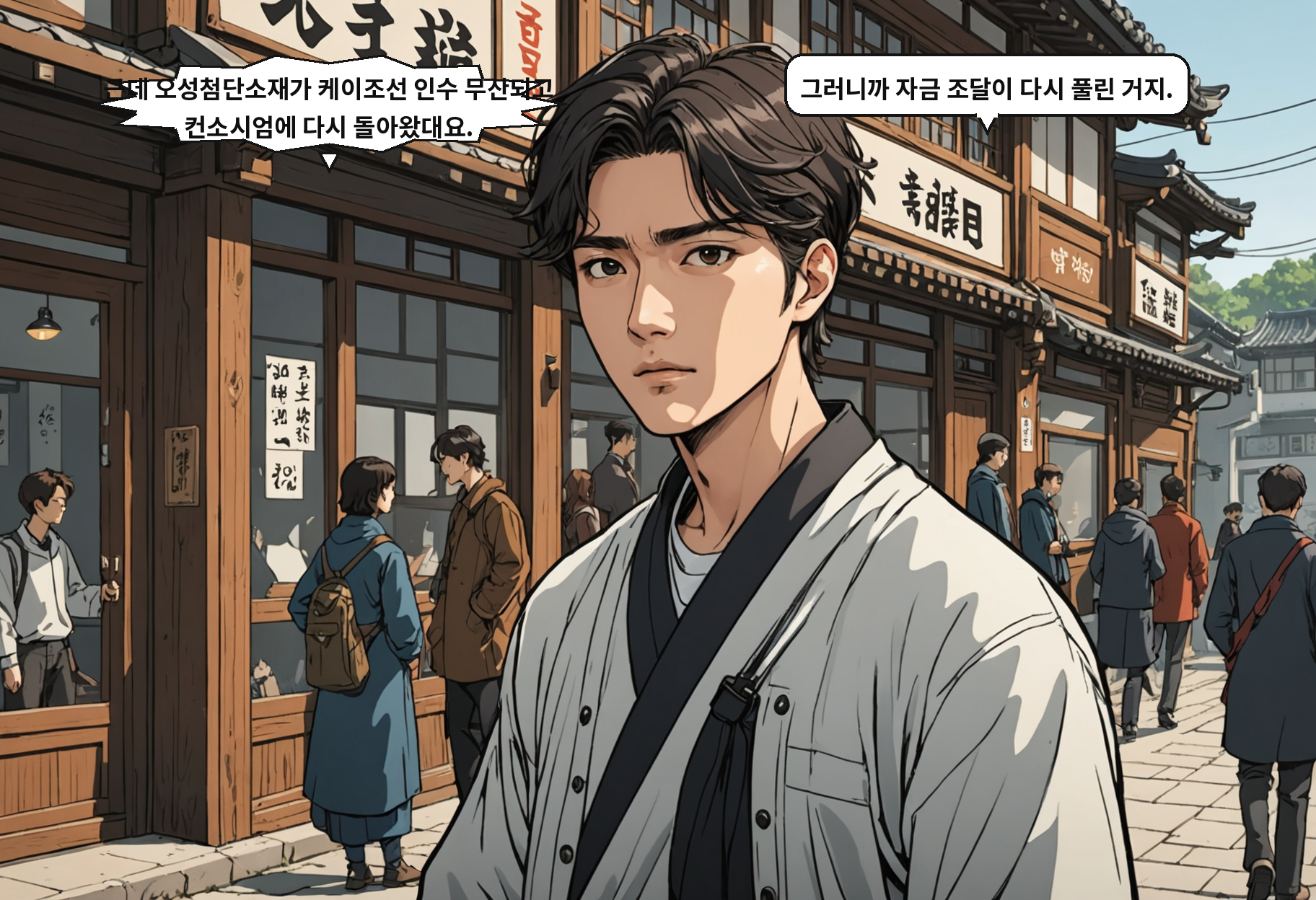 A: 근데 오성첨단소재가 케이조선 인수 무산되고 컨소시엄에 다시 돌아왔대요. B: 그러니까 자금 조달이 다시 풀린 거지.