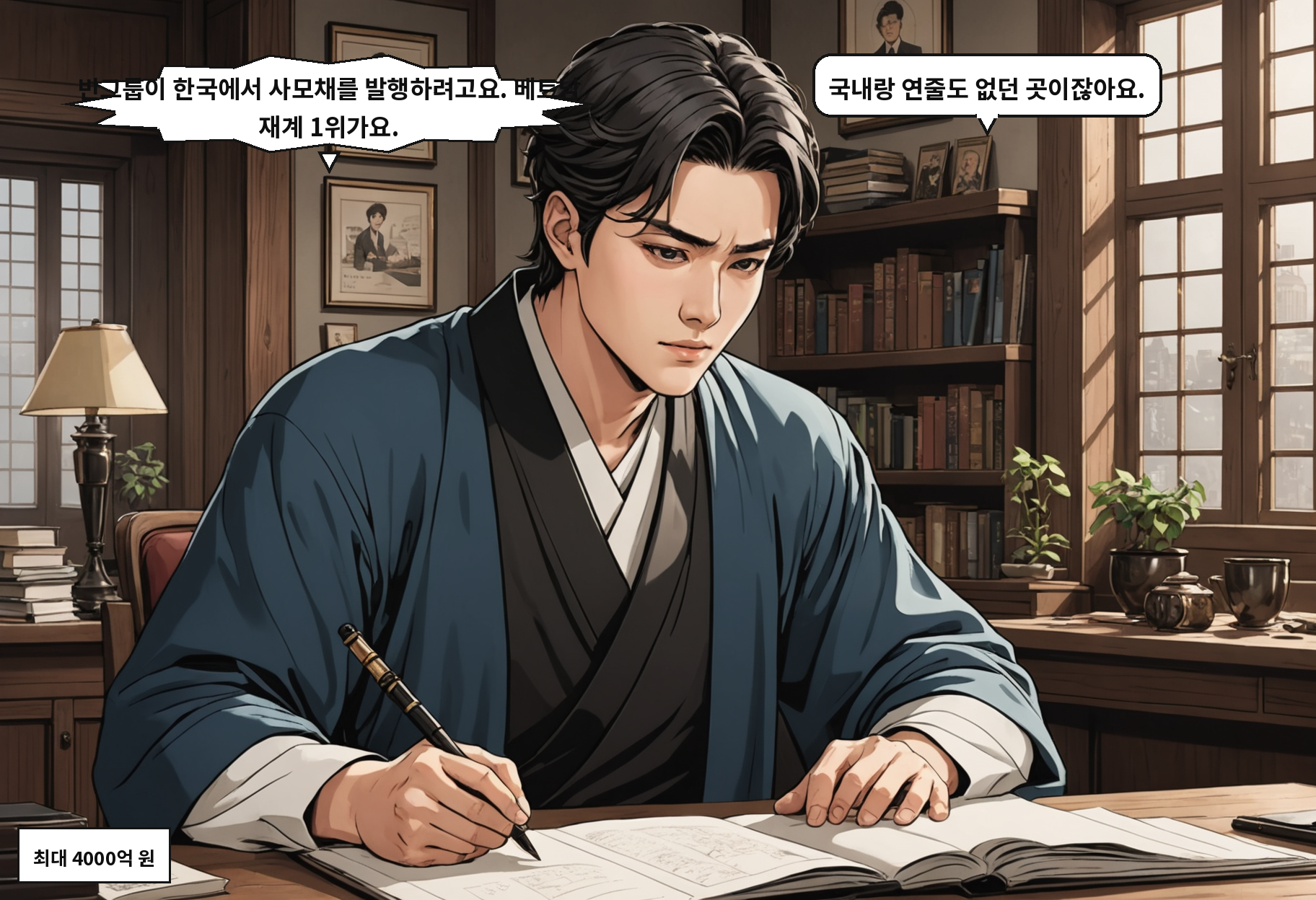 A: 빈그룹이 한국에서 사모채를 발행하려고요. 베트남 재계 1위가요. B: 국내랑 연줄도 없던 곳이잖아요.