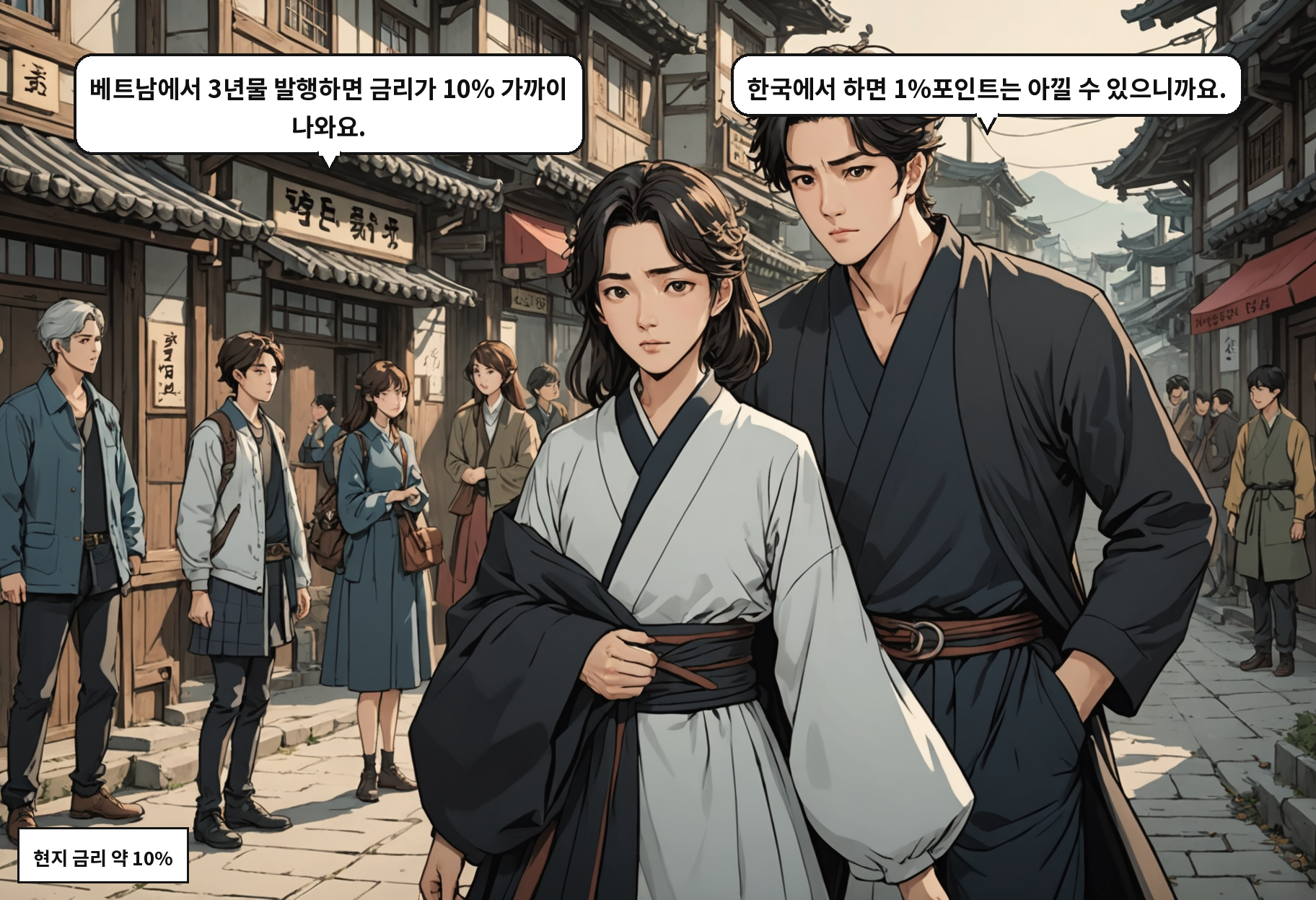 A: 베트남에서 3년물 발행하면 금리가 10% 가까이 나와요. B: 한국에서 하면 1%포인트는 아낄 수 있으니까요.