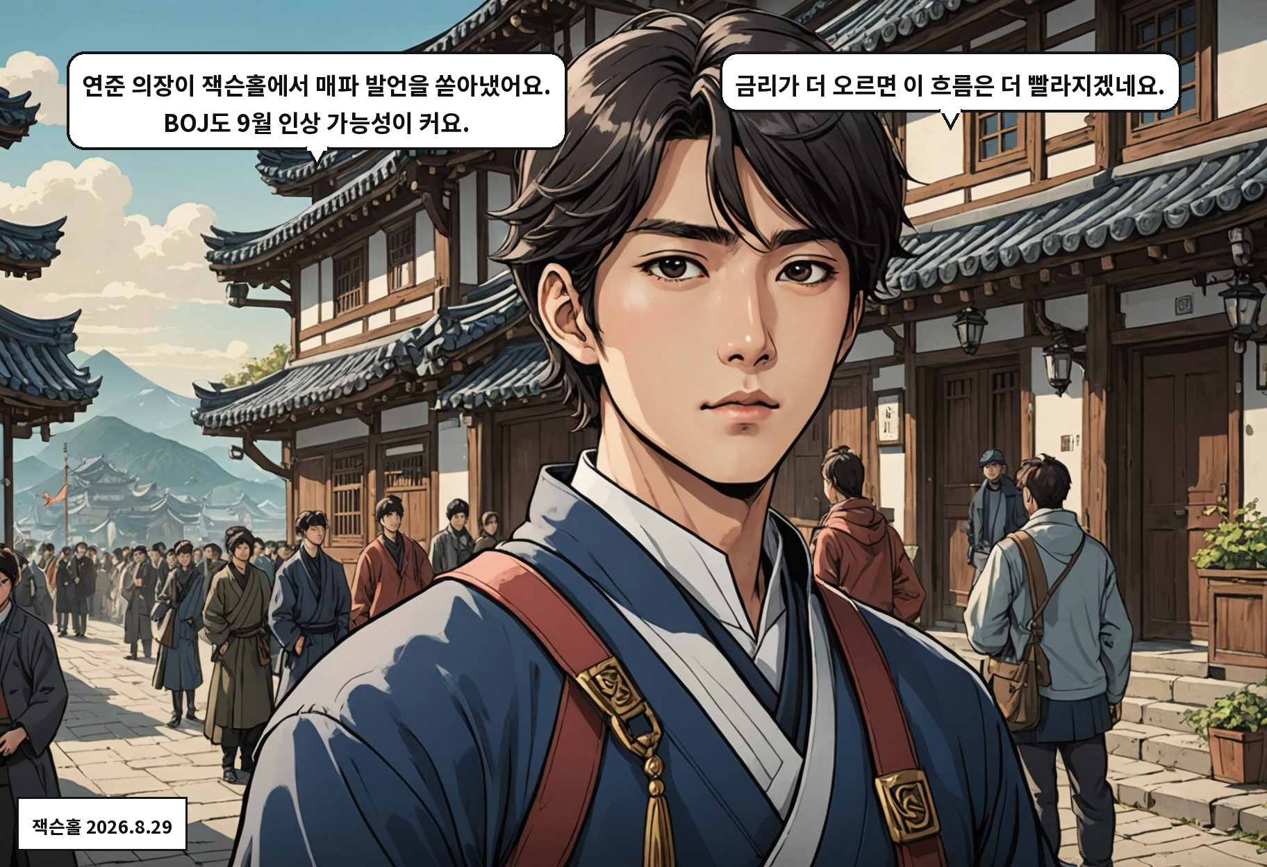 B: 연준 의장이 잭슨홀에서 매파 발언을 쏟아냈어요. BOJ도 9월 인상 가능성이 커요. A: 금리가 더 오르면 이 흐름은 더 빨라지겠네요.