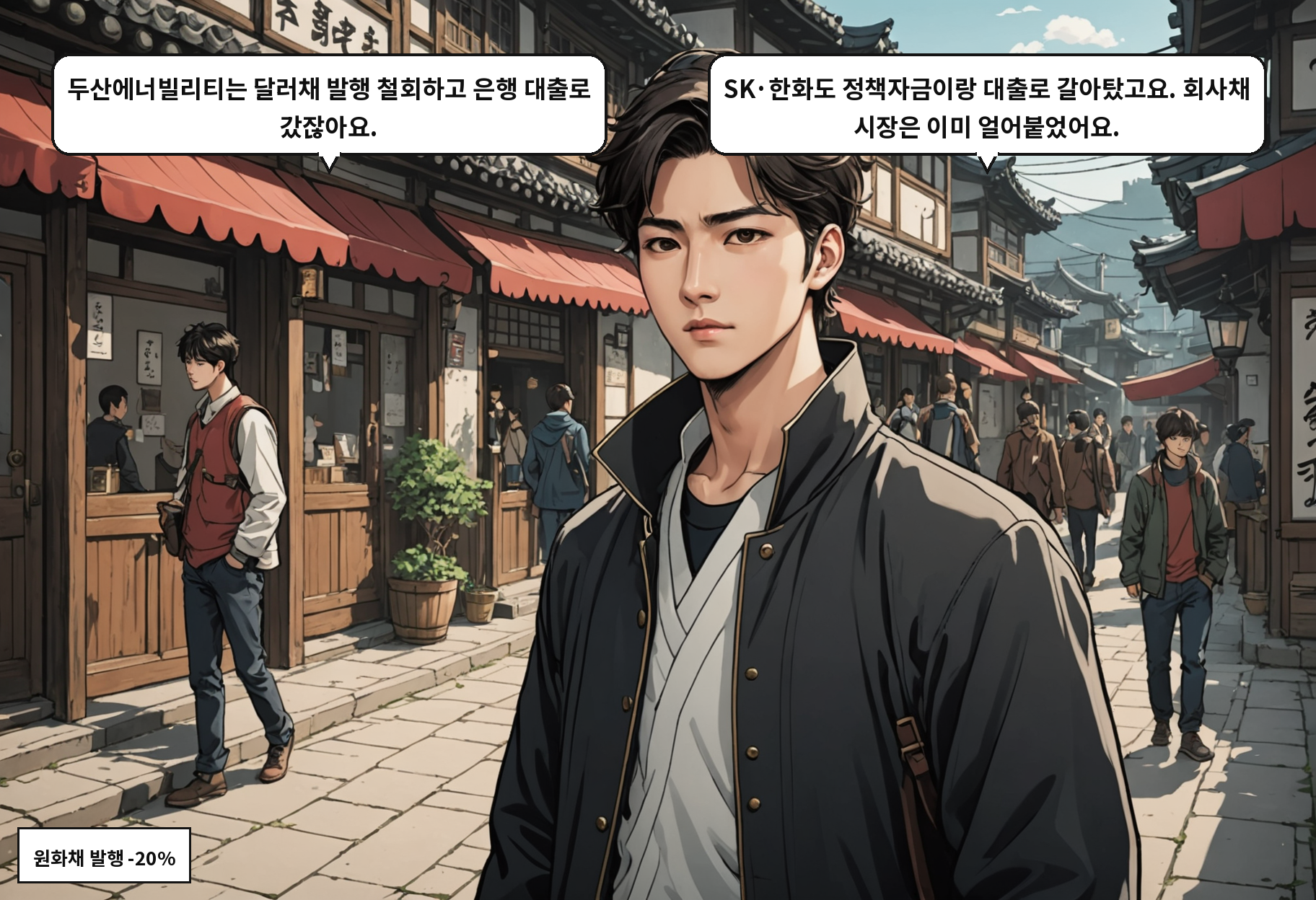 A: 두산에너빌리티는 달러채 발행 철회하고 은행 대출로 갔잖아요. B: SK·한화도 정책자금이랑 대출로 갈아탔고요. 회사채 시장은 이미 얼어붙었어요.