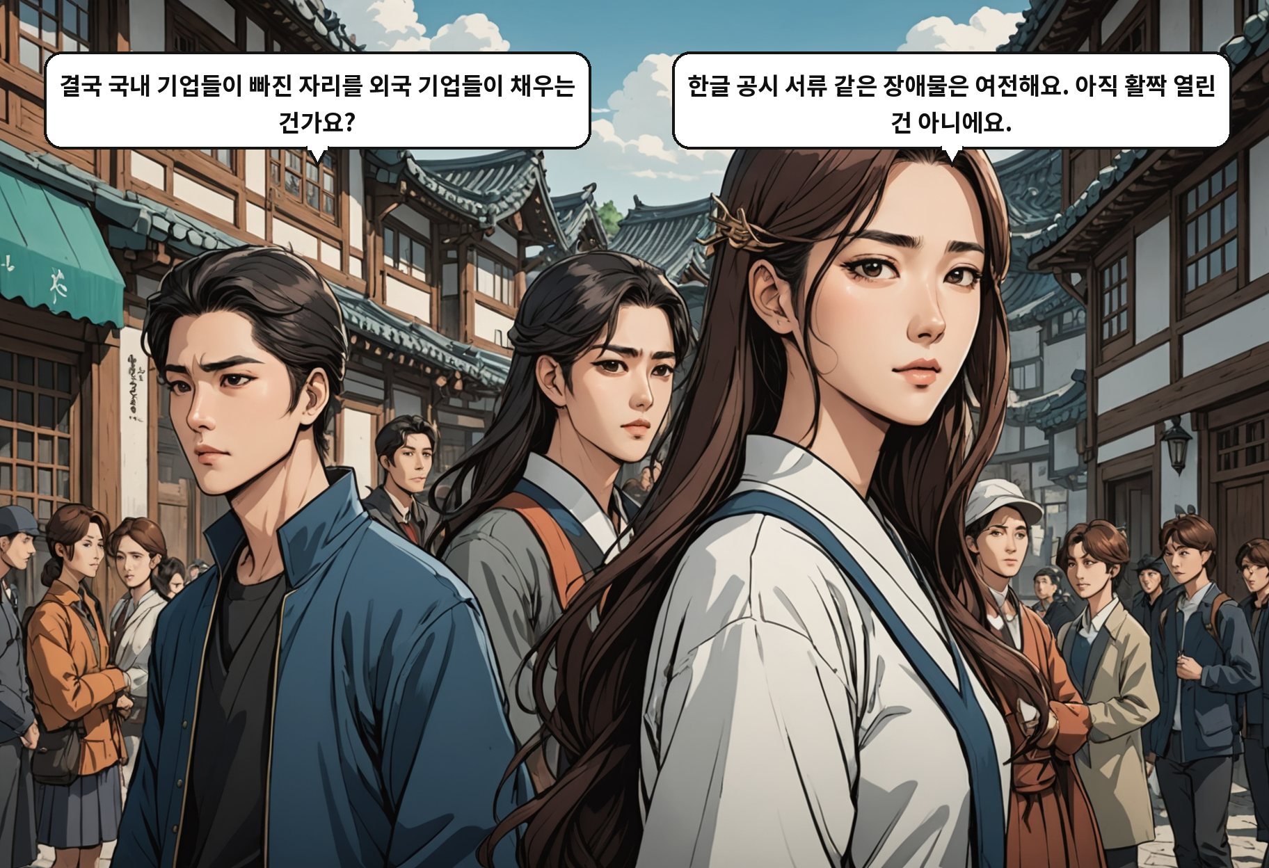 A: 결국 국내 기업들이 빠진 자리를 외국 기업들이 채우는 건가요? B: 한글 공시 서류 같은 장애물은 여전해요. 아직 활짝 열린 건 아니에요.