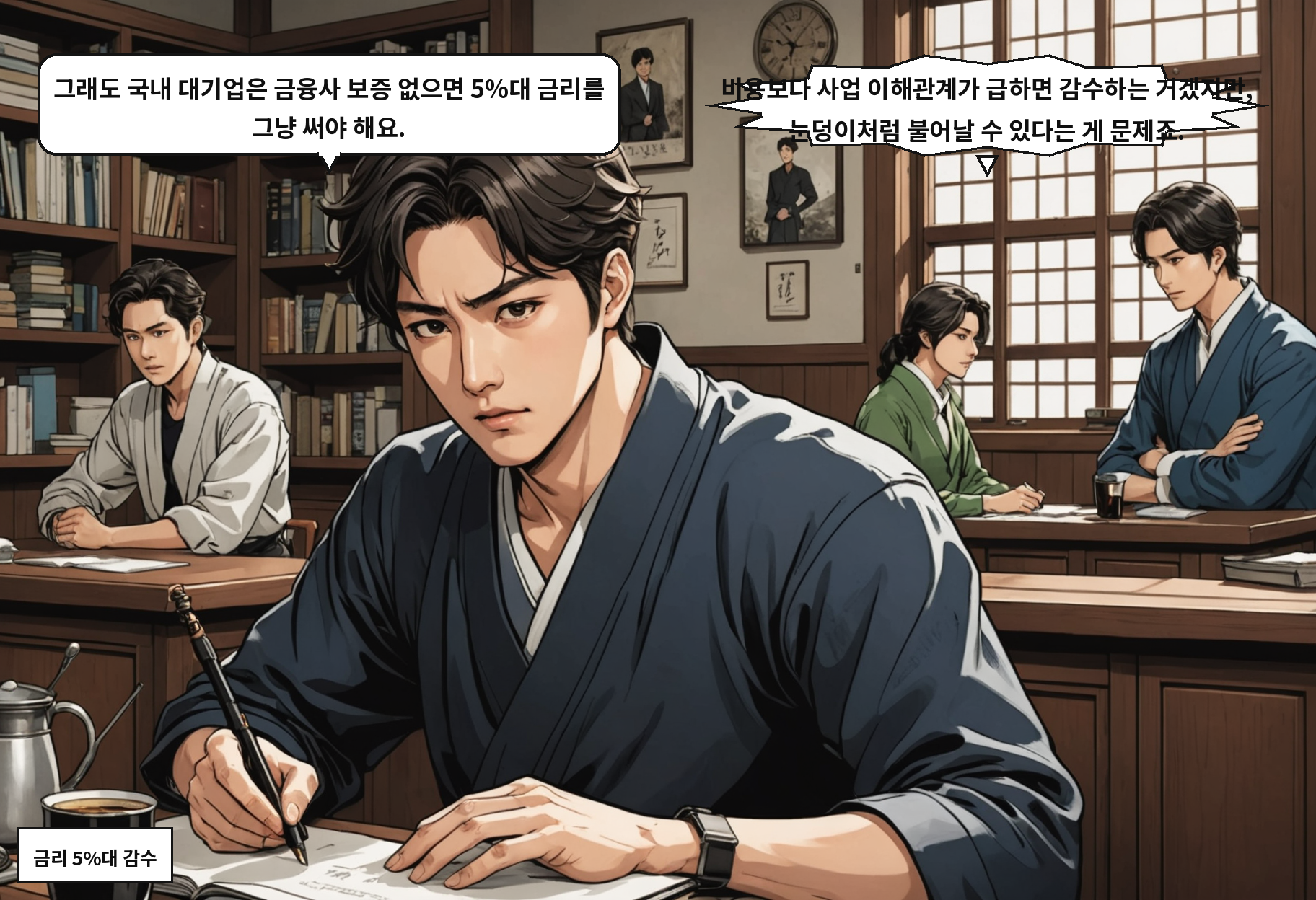 B: 그래도 국내 대기업은 금융사 보증 없으면 5%대 금리를 그냥 써야 해요. A: 비용보다 사업 이해관계가 급하면 감수하는 거겠지만, 눈덩이처럼 불어날 수 있다는 게 문제죠.