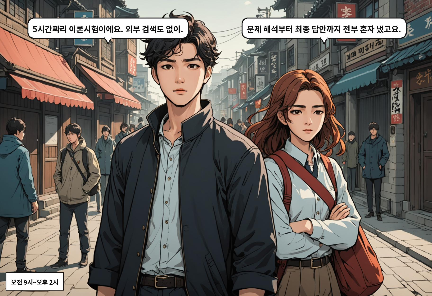 B: 5시간짜리 이론시험이에요. 외부 검색도 없이. A: 문제 해석부터 최종 답안까지 전부 혼자 냈고요.