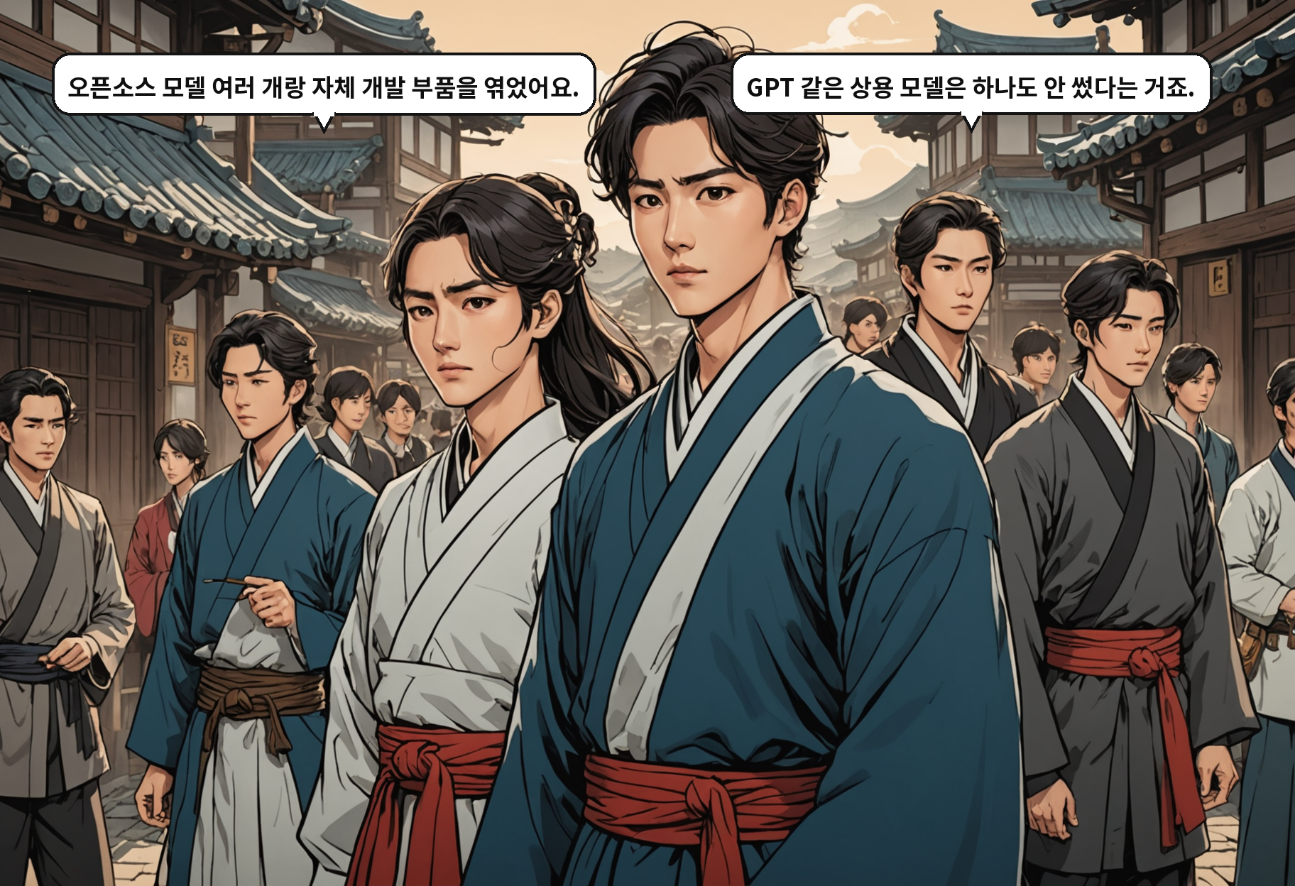 A: 오픈소스 모델 여러 개랑 자체 개발 부품을 엮었어요. B: GPT 같은 상용 모델은 하나도 안 썼다는 거죠.