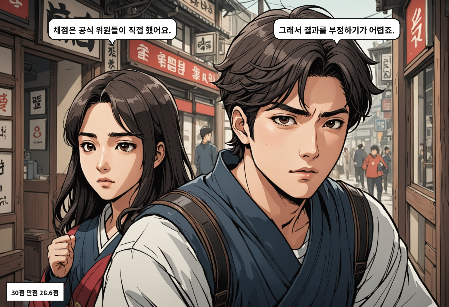 A: 채점은 공식 위원들이 직접 했어요. B: 그래서 결과를 부정하기가 어렵죠.
