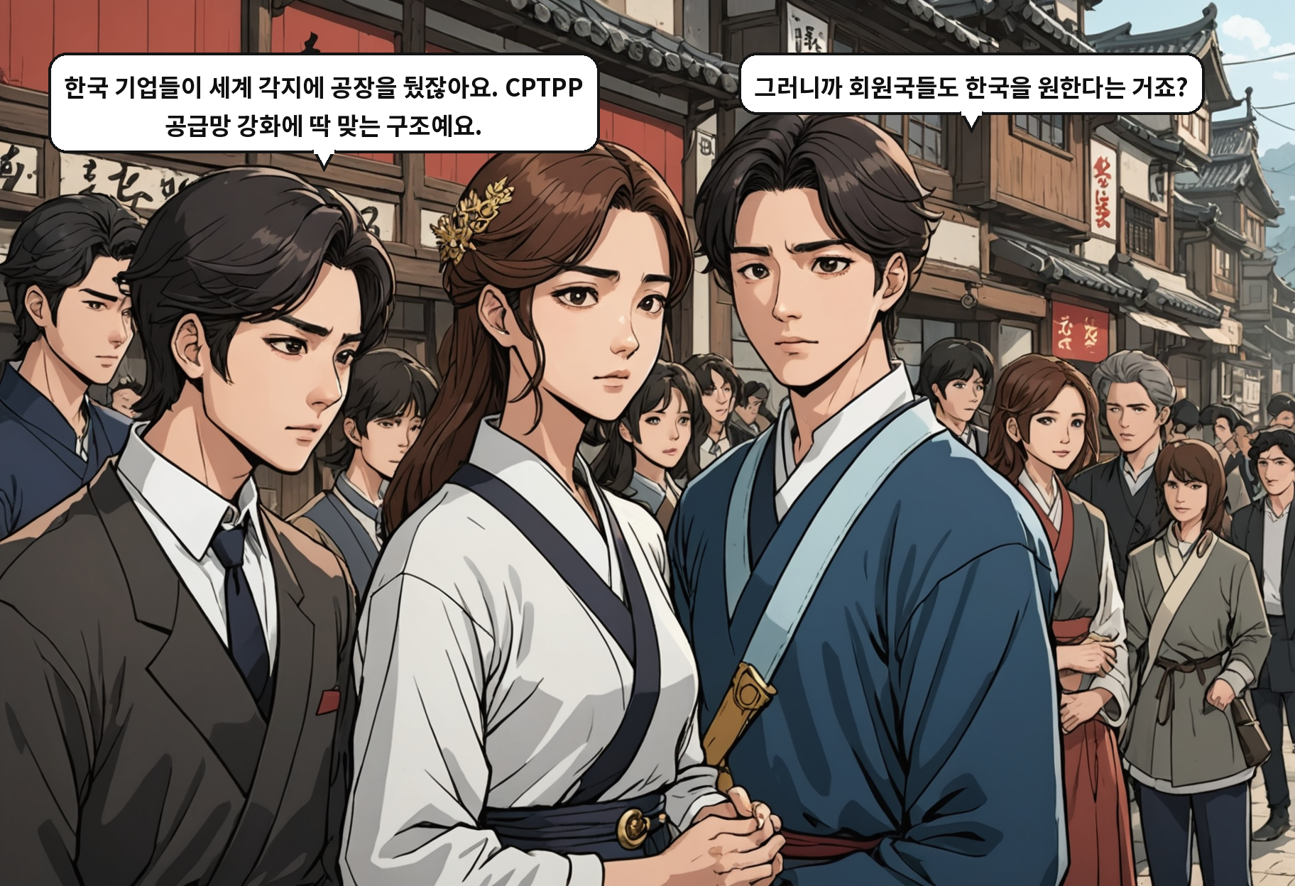 B: 한국 기업들이 세계 각지에 공장을 뒀잖아요. CPTPP 공급망 강화에 딱 맞는 구조예요. A: 그러니까 회원국들도 한국을 원한다는 거죠?