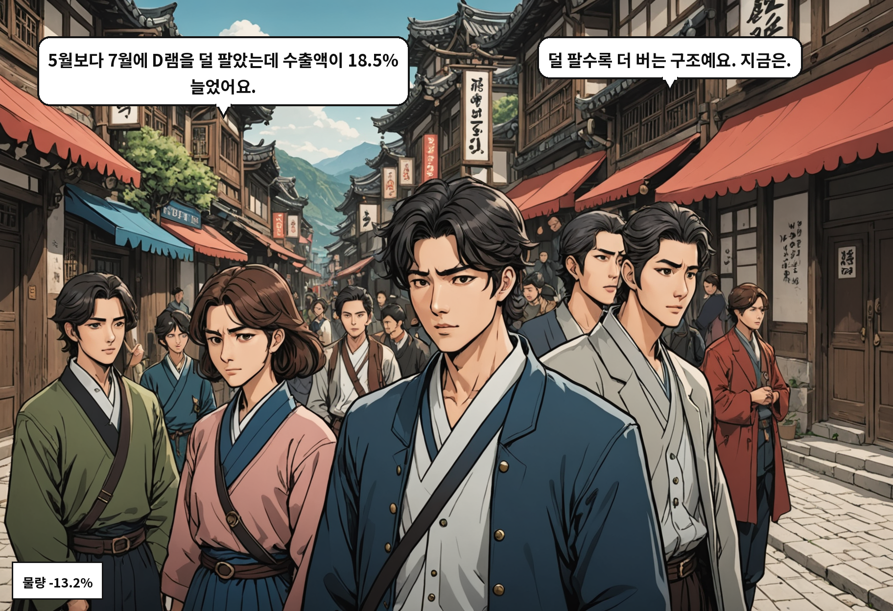 A: 5월보다 7월에 D램을 덜 팔았는데 수출액이 18.5% 늘었어요. B: 덜 팔수록 더 버는 구조예요. 지금은.
