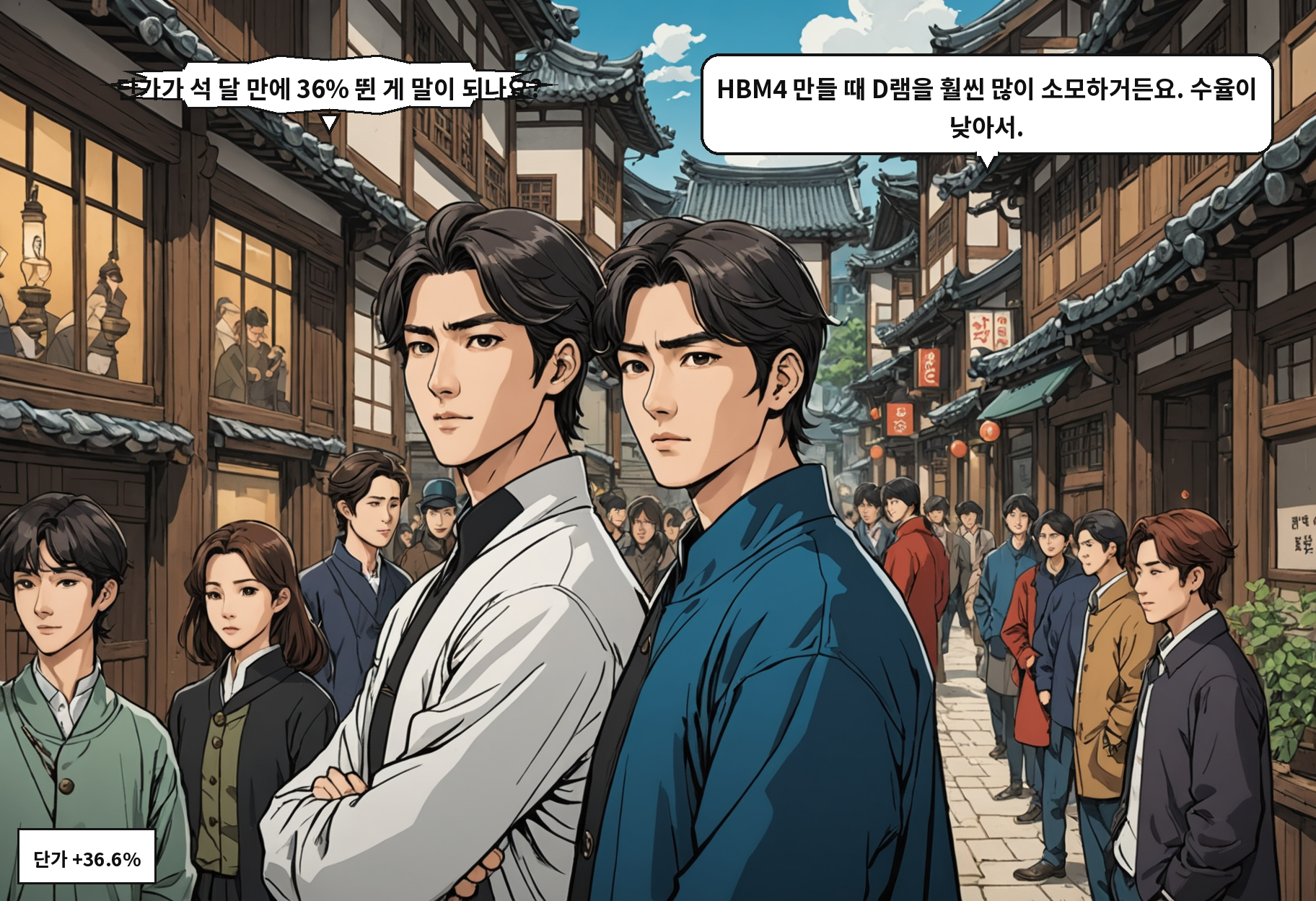 A: 단가가 석 달 만에 36% 뛴 게 말이 되나요? B: HBM4 만들 때 D램을 훨씬 많이 소모하거든요. 수율이 낮아서.