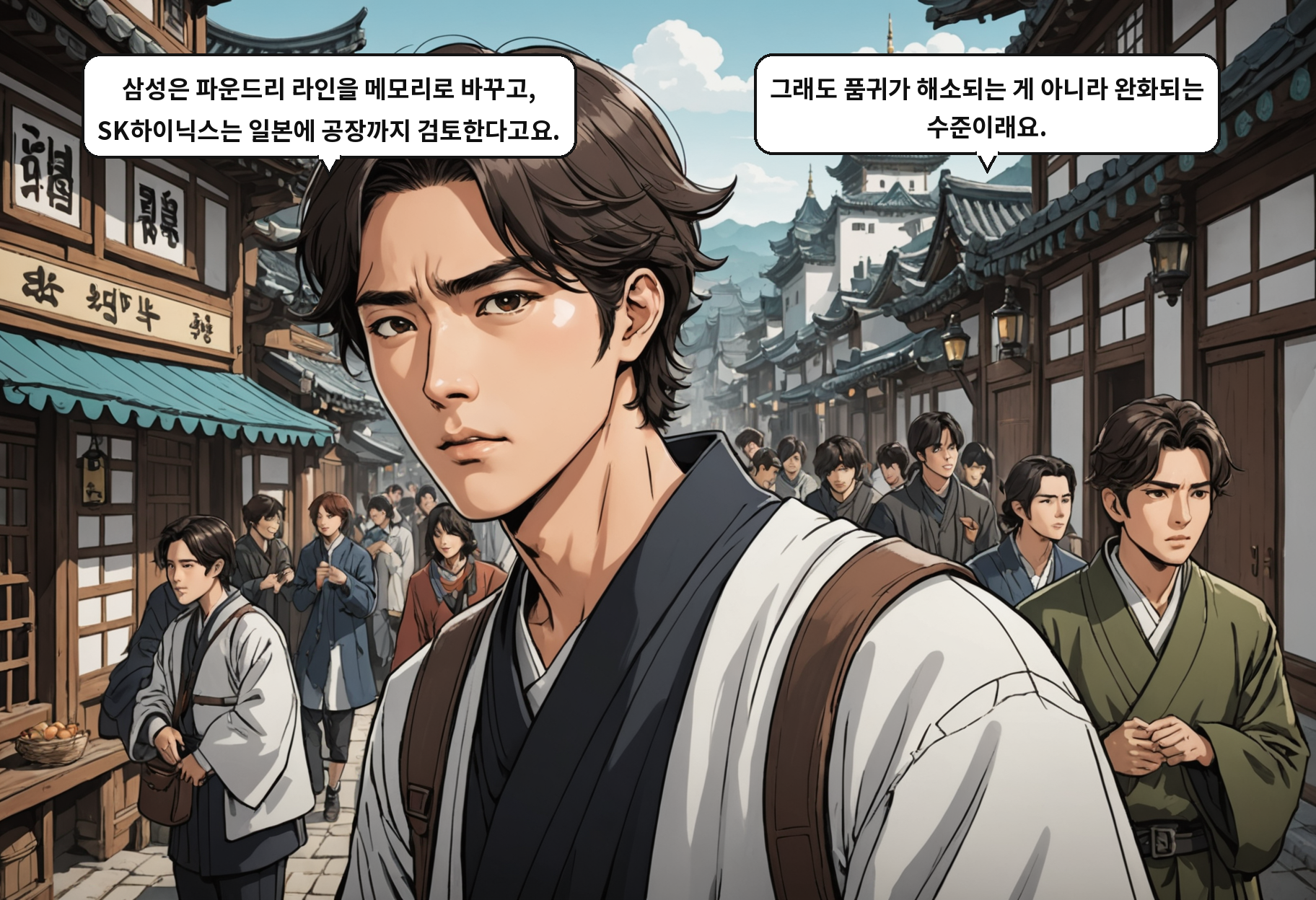 A: 삼성은 파운드리 라인을 메모리로 바꾸고, SK하이닉스는 일본에 공장까지 검토한다고요. B: 그래도 품귀가 해소되는 게 아니라 완화되는 수준이래요.