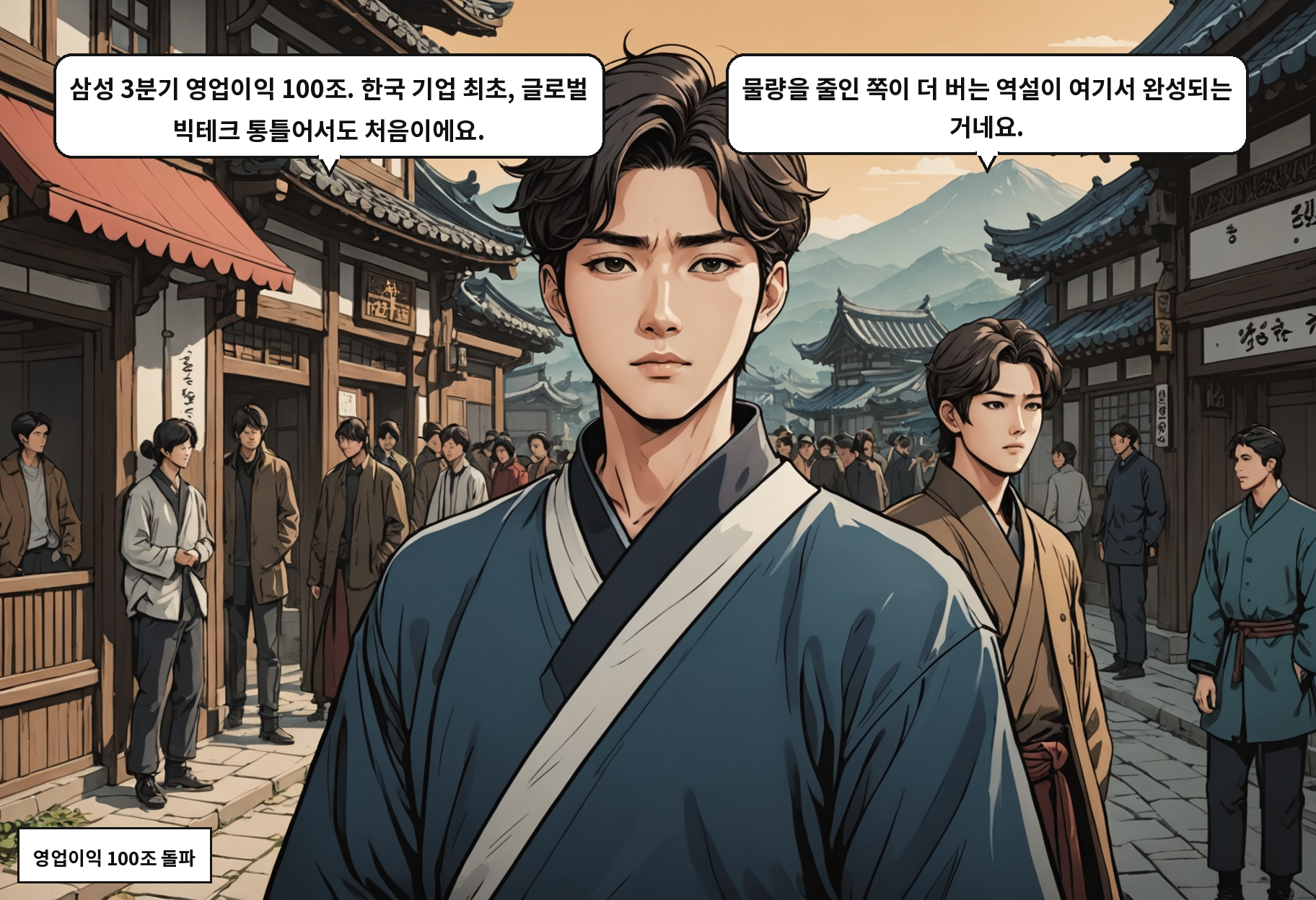 B: 삼성 3분기 영업이익 100조. 한국 기업 최초, 글로벌 빅테크 통틀어서도 처음이에요. A: 물량을 줄인 쪽이 더 버는 역설이 여기서 완성되는 거네요.