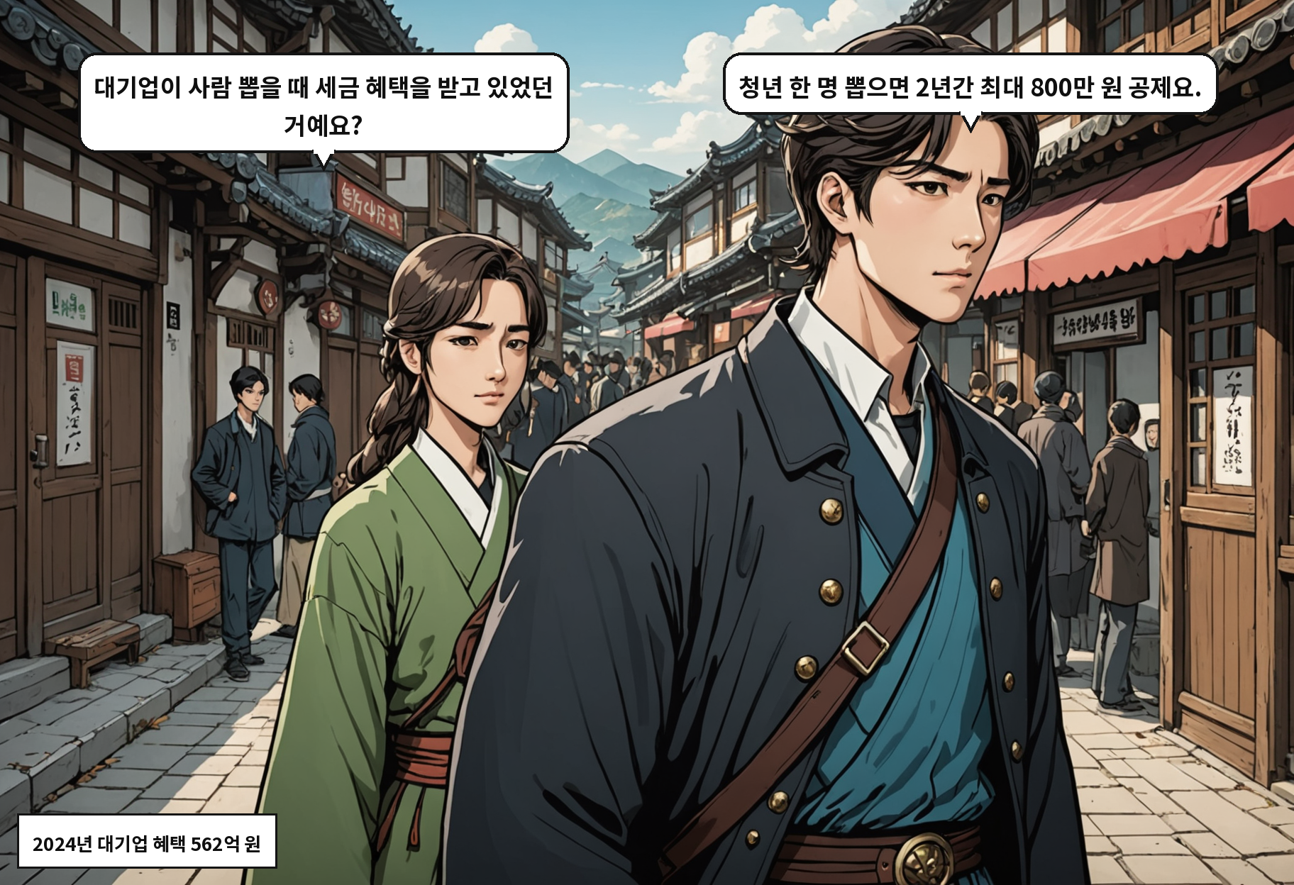 A: 대기업이 사람 뽑을 때 세금 혜택을 받고 있었던 거예요? B: 청년 한 명 뽑으면 2년간 최대 800만 원 공제요.
