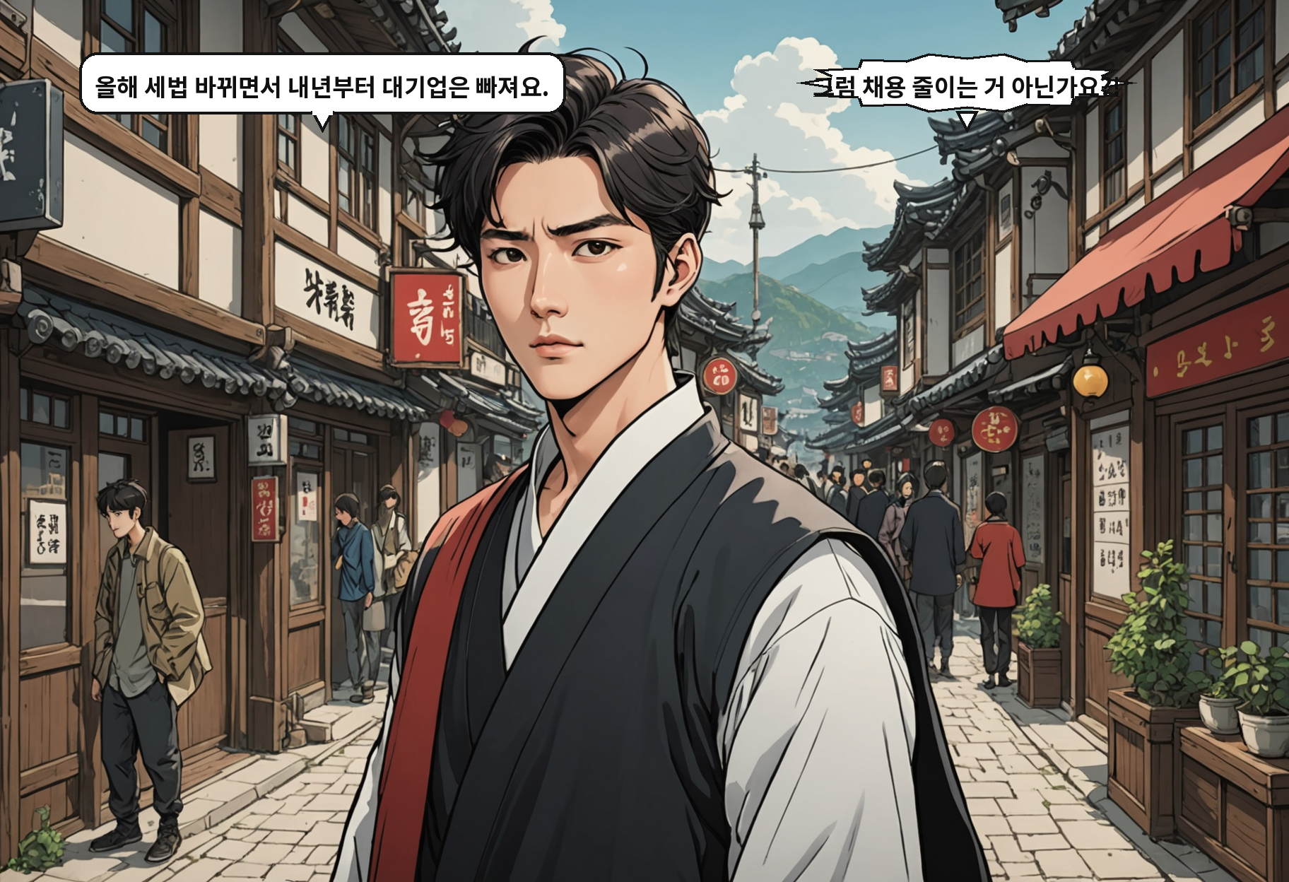 B: 올해 세법 바뀌면서 내년부터 대기업은 빠져요. A: 그럼 채용 줄이는 거 아닌가요?!