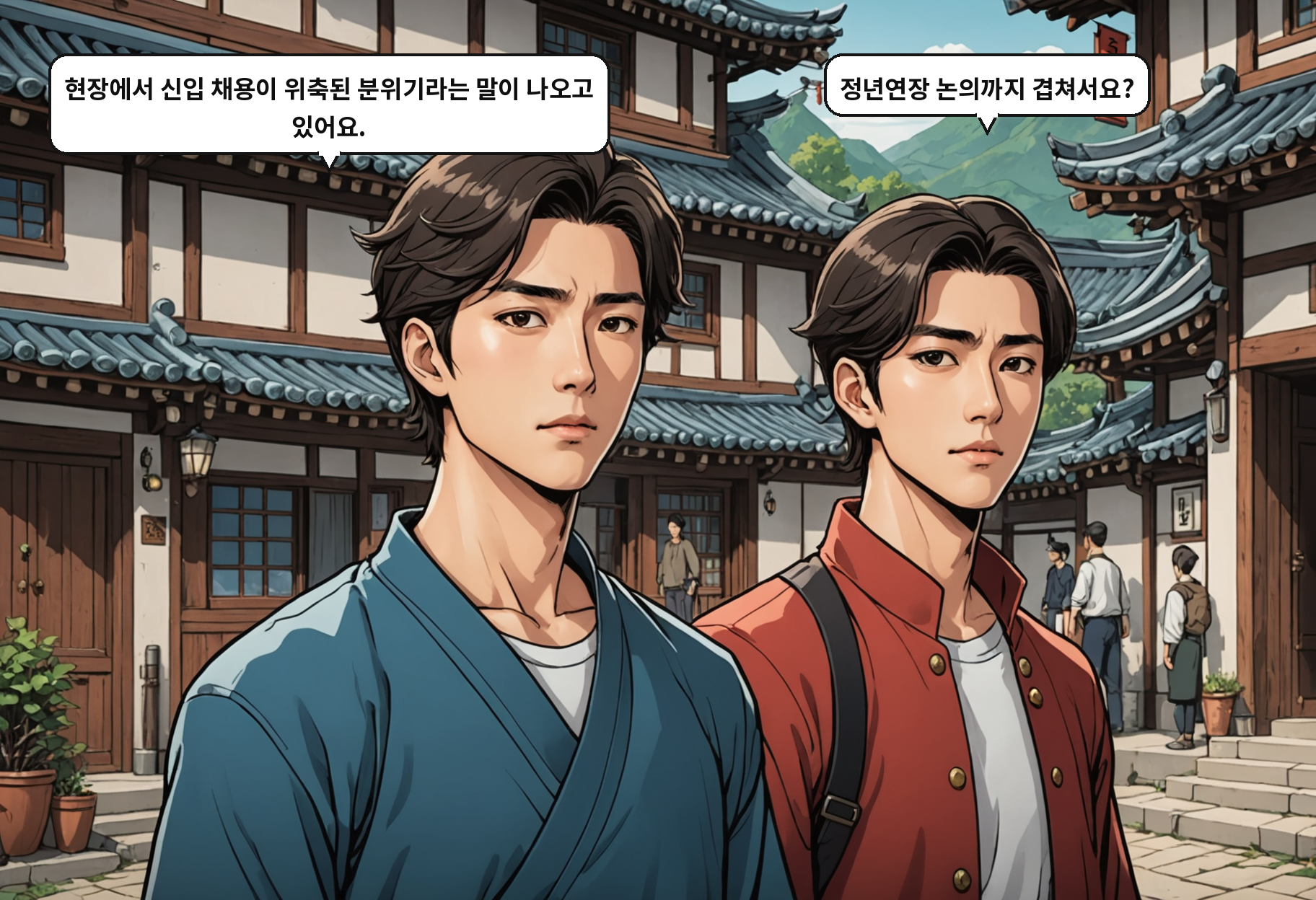 B: 현장에서 신입 채용이 위축된 분위기라는 말이 나오고 있어요. A: 정년연장 논의까지 겹쳐서요?