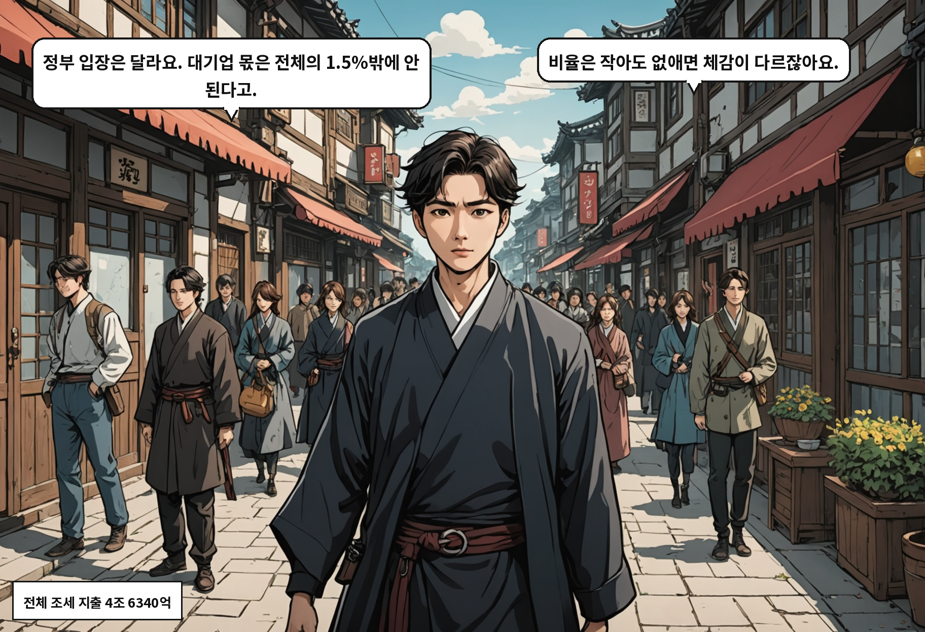 B: 정부 입장은 달라요. 대기업 몫은 전체의 1.5%밖에 안 된다고. A: 비율은 작아도 없애면 체감이 다르잖아요.