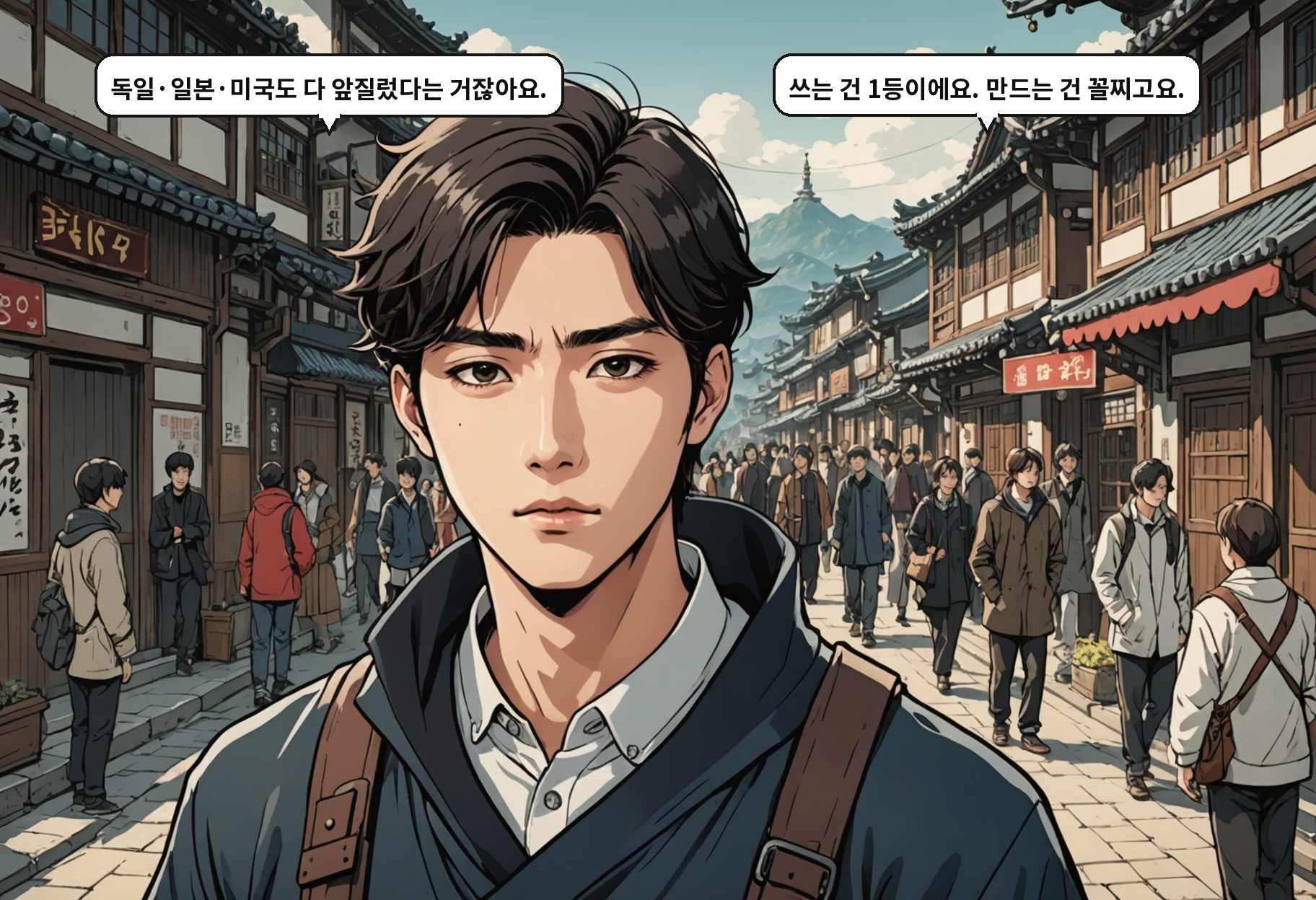 A: 독일·일본·미국도 다 앞질렀다는 거잖아요. B: 쓰는 건 1등이에요. 만드는 건 꼴찌고요.