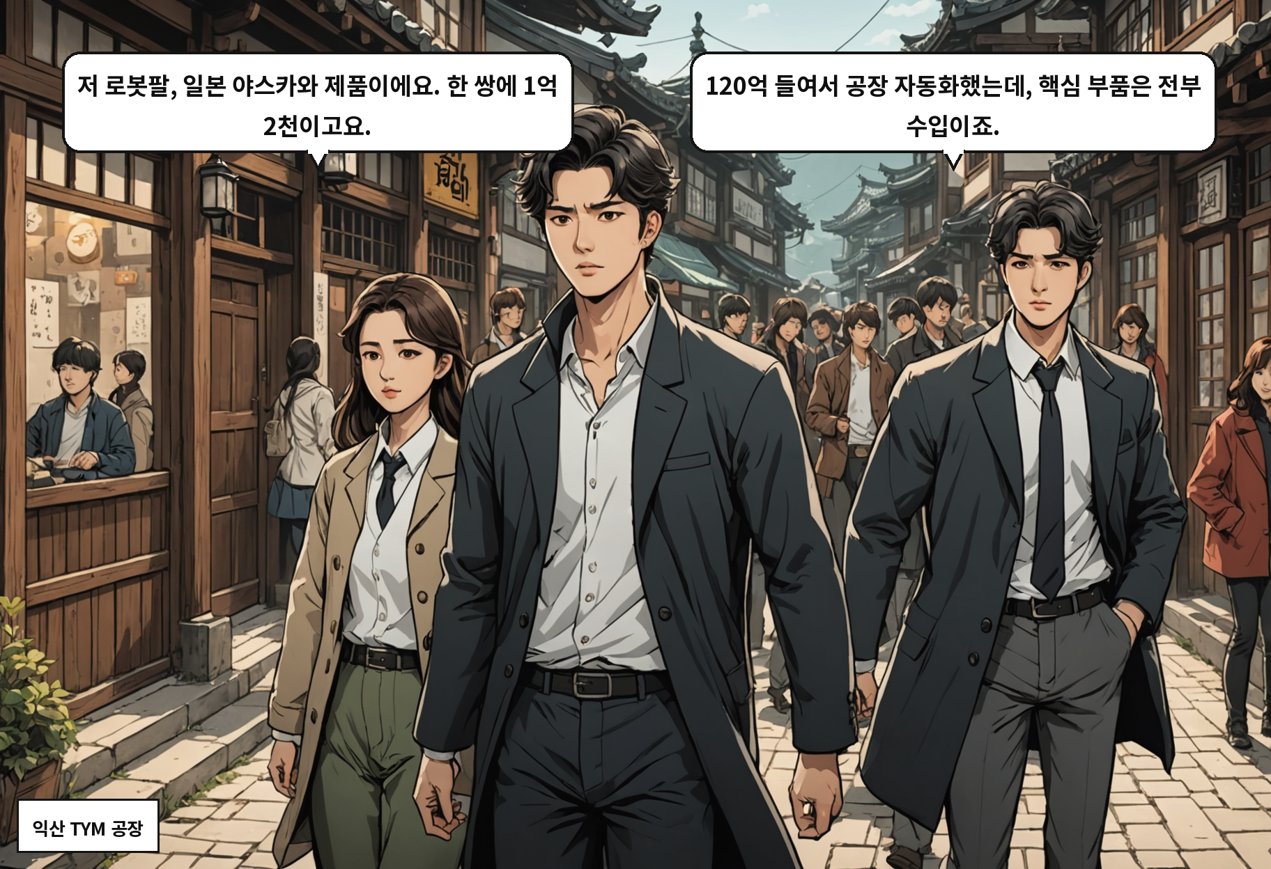 A: 저 로봇팔, 일본 야스카와 제품이에요. 한 쌍에 1억 2천이고요. B: 120억 들여서 공장 자동화했는데, 핵심 부품은 전부 수입이죠.