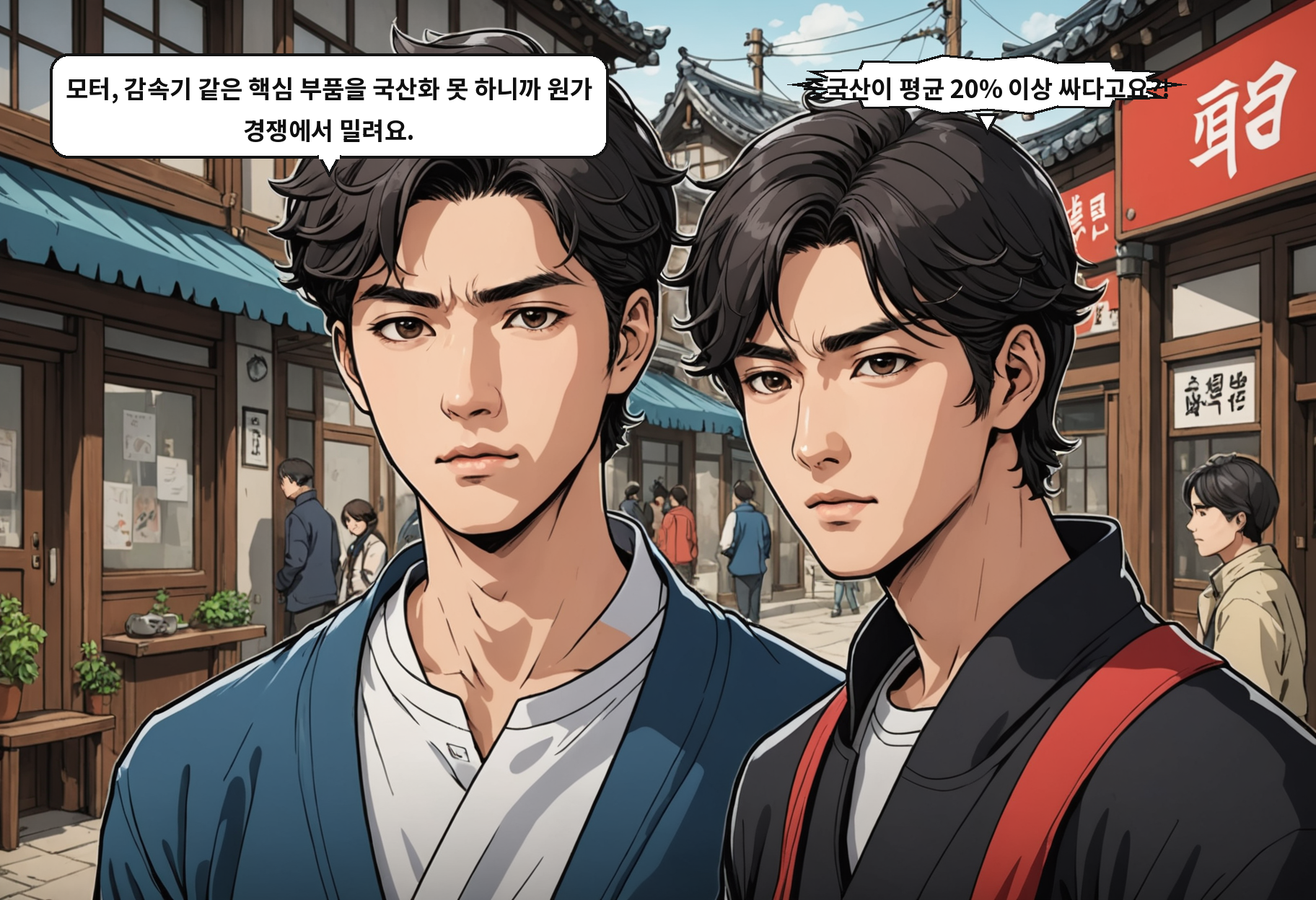 B: 모터, 감속기 같은 핵심 부품을 국산화 못 하니까 원가 경쟁에서 밀려요. A: 중국산이 평균 20% 이상 싸다고요?!