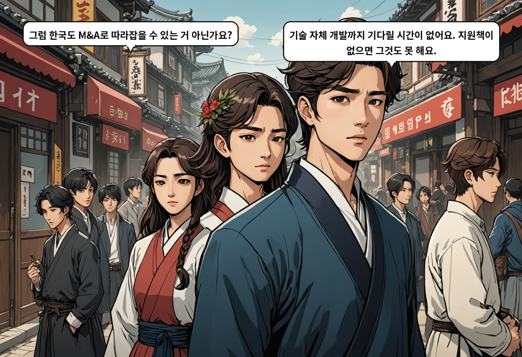 A: 그럼 한국도 M&A로 따라잡을 수 있는 거 아닌가요? B: 기술 자체 개발까지 기다릴 시간이 없어요. 지원책이 없으면 그것도 못 해요.