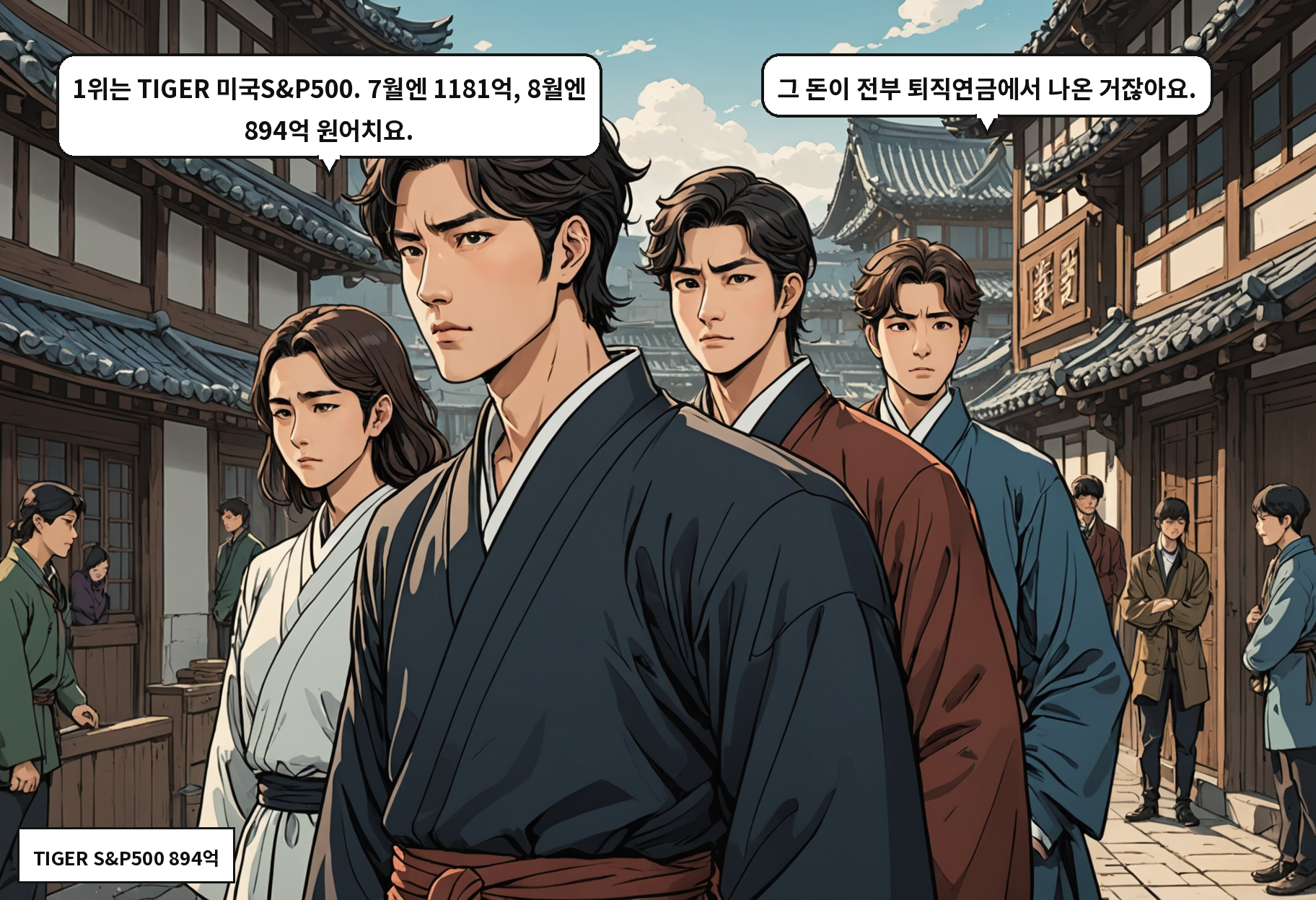 B: 1위는 TIGER 미국S&P500. 7월엔 1181억, 8월엔 894억 원어치요. A: 그 돈이 전부 퇴직연금에서 나온 거잖아요.