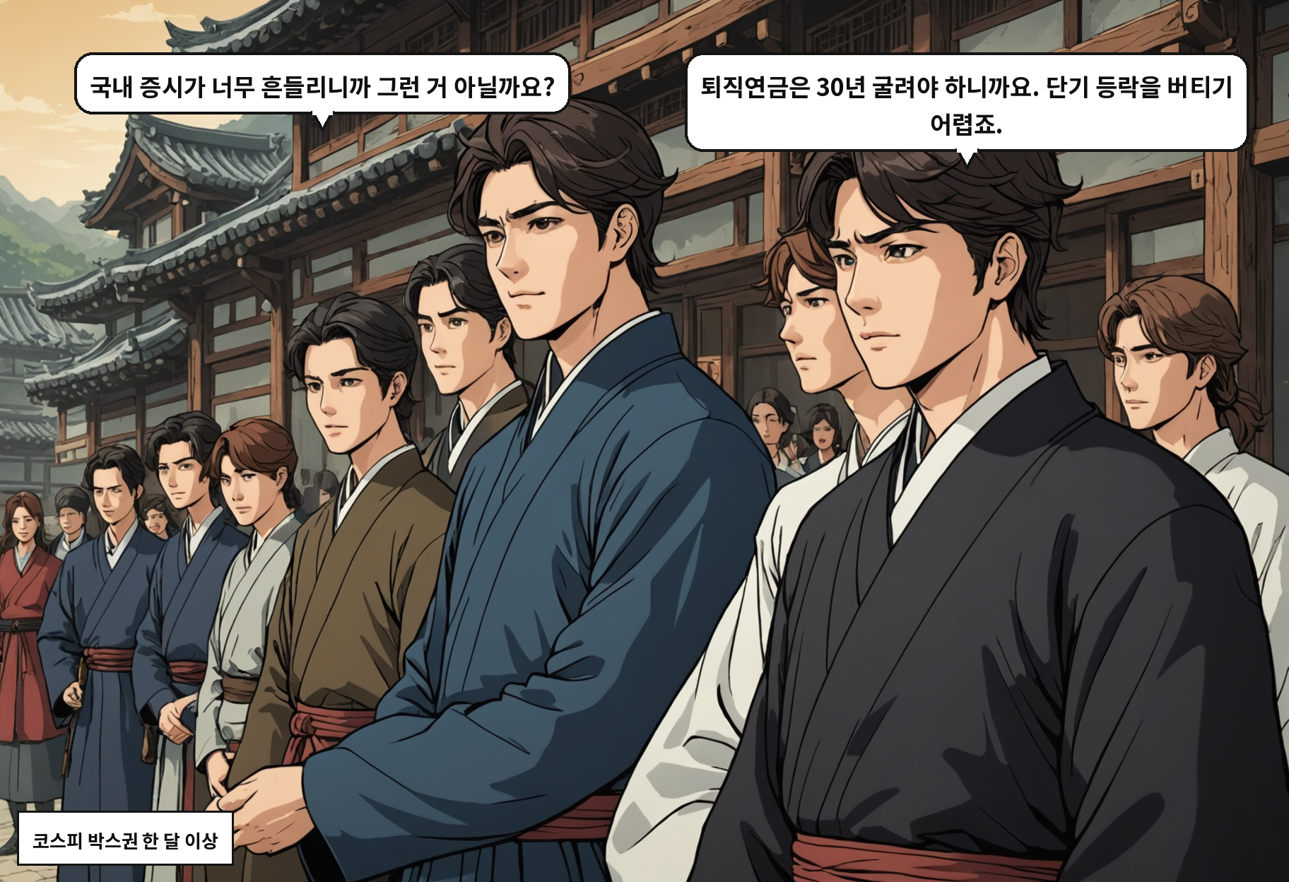 A: 국내 증시가 너무 흔들리니까 그런 거 아닐까요? B: 퇴직연금은 30년 굴려야 하니까요. 단기 등락을 버티기 어렵죠.