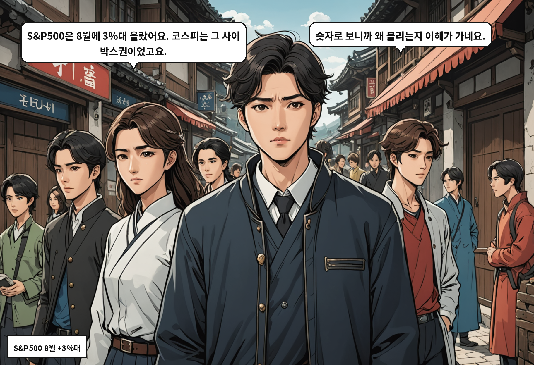 B: S&P500은 8월에 3%대 올랐어요. 코스피는 그 사이 박스권이었고요. A: 숫자로 보니까 왜 몰리는지 이해가 가네요.