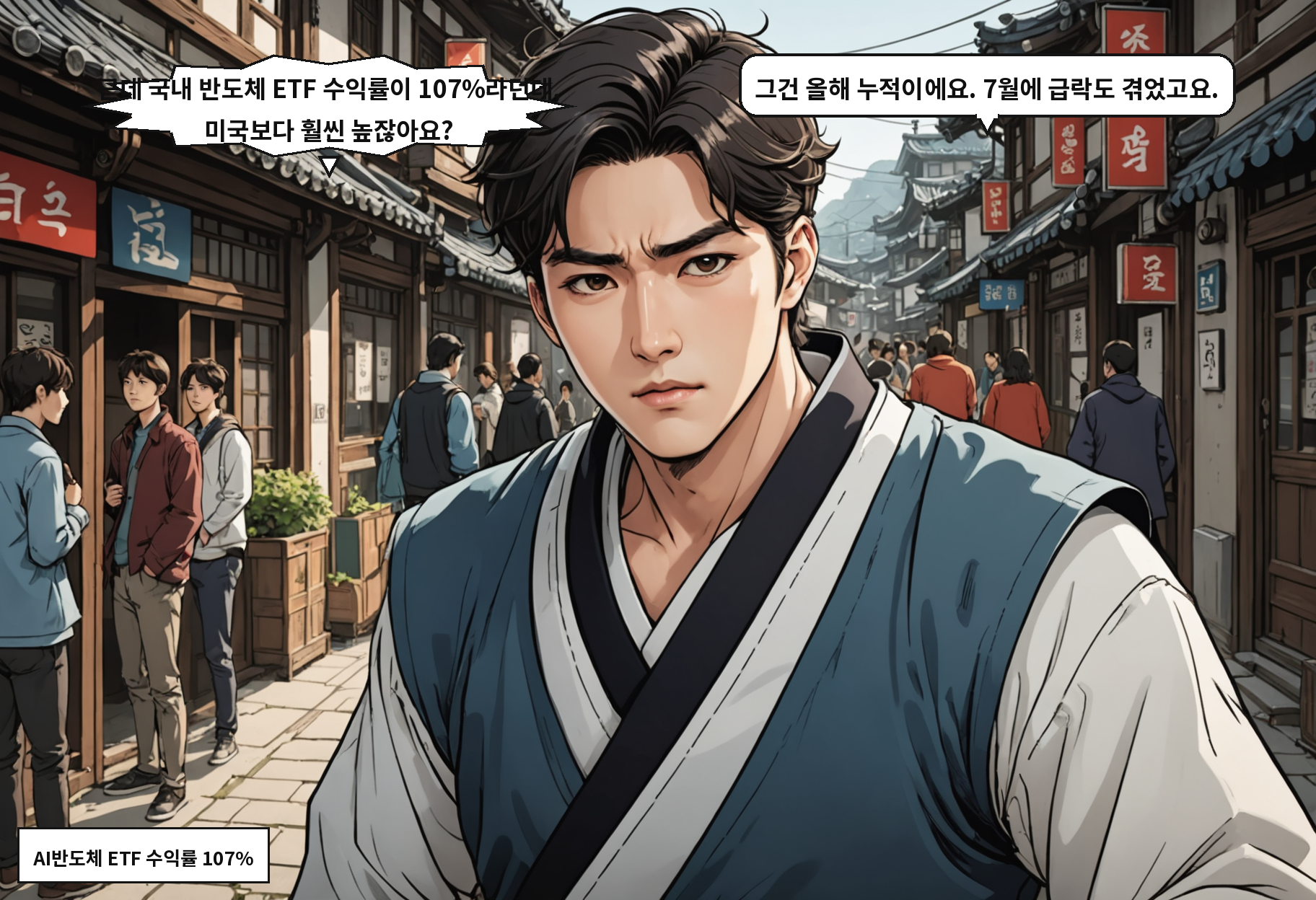 A: 근데 국내 반도체 ETF 수익률이 107%라던데, 미국보다 훨씬 높잖아요? B: 그건 올해 누적이에요. 7월에 급락도 겪었고요.