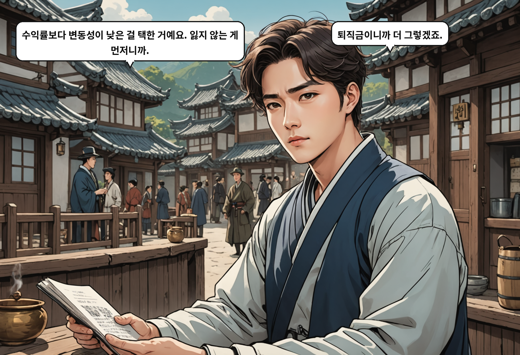 B: 수익률보다 변동성이 낮은 걸 택한 거예요. 잃지 않는 게 먼저니까. A: 퇴직금이니까 더 그렇겠죠.