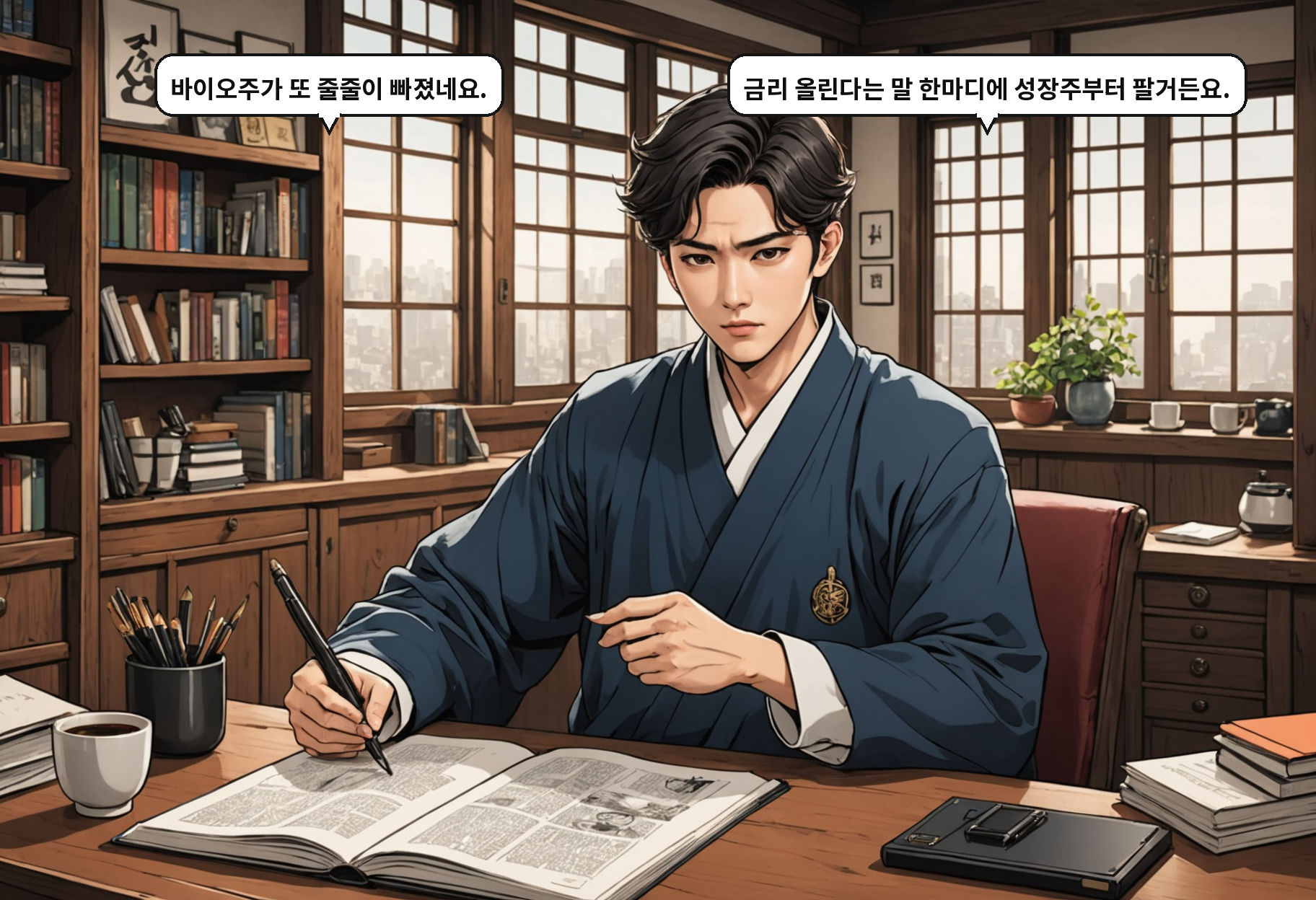 B: 바이오주가 또 줄줄이 빠졌네요. A: 금리 올린다는 말 한마디에 성장주부터 팔거든요.