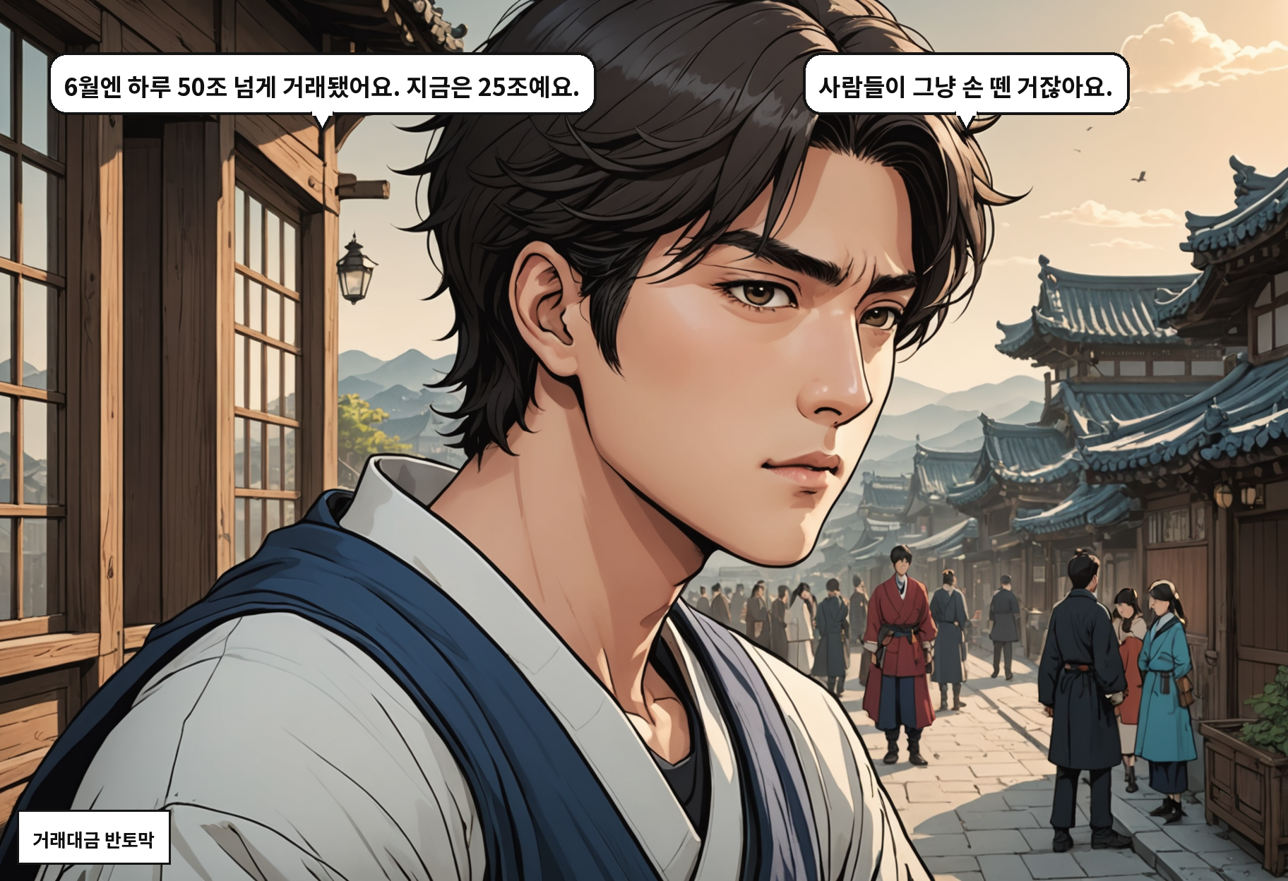 A: 6월엔 하루 50조 넘게 거래됐어요. 지금은 25조예요. B: 사람들이 그냥 손 뗀 거잖아요.
