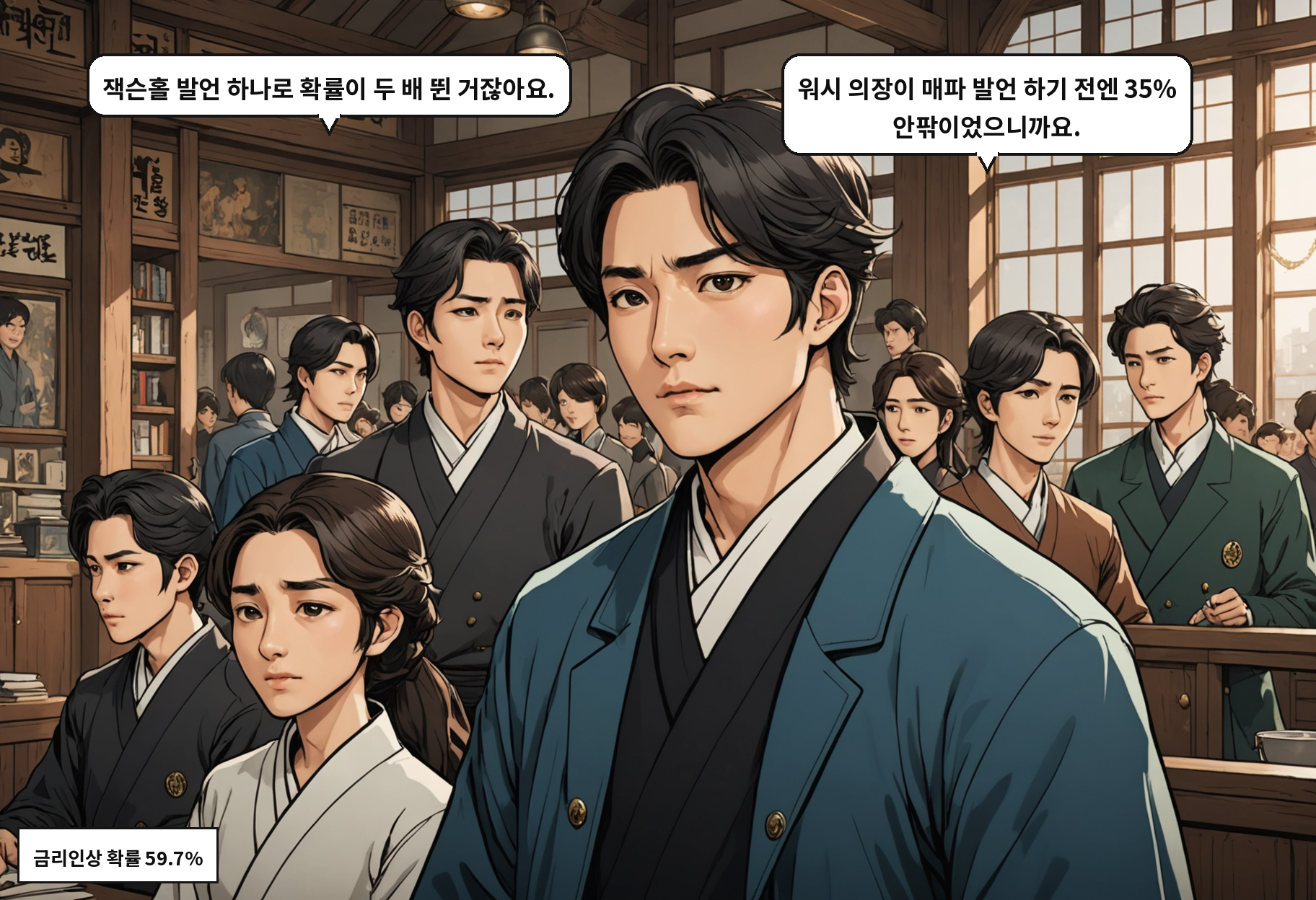 B: 잭슨홀 발언 하나로 확률이 두 배 뛴 거잖아요. A: 워시 의장이 매파 발언 하기 전엔 35% 안팎이었으니까요.