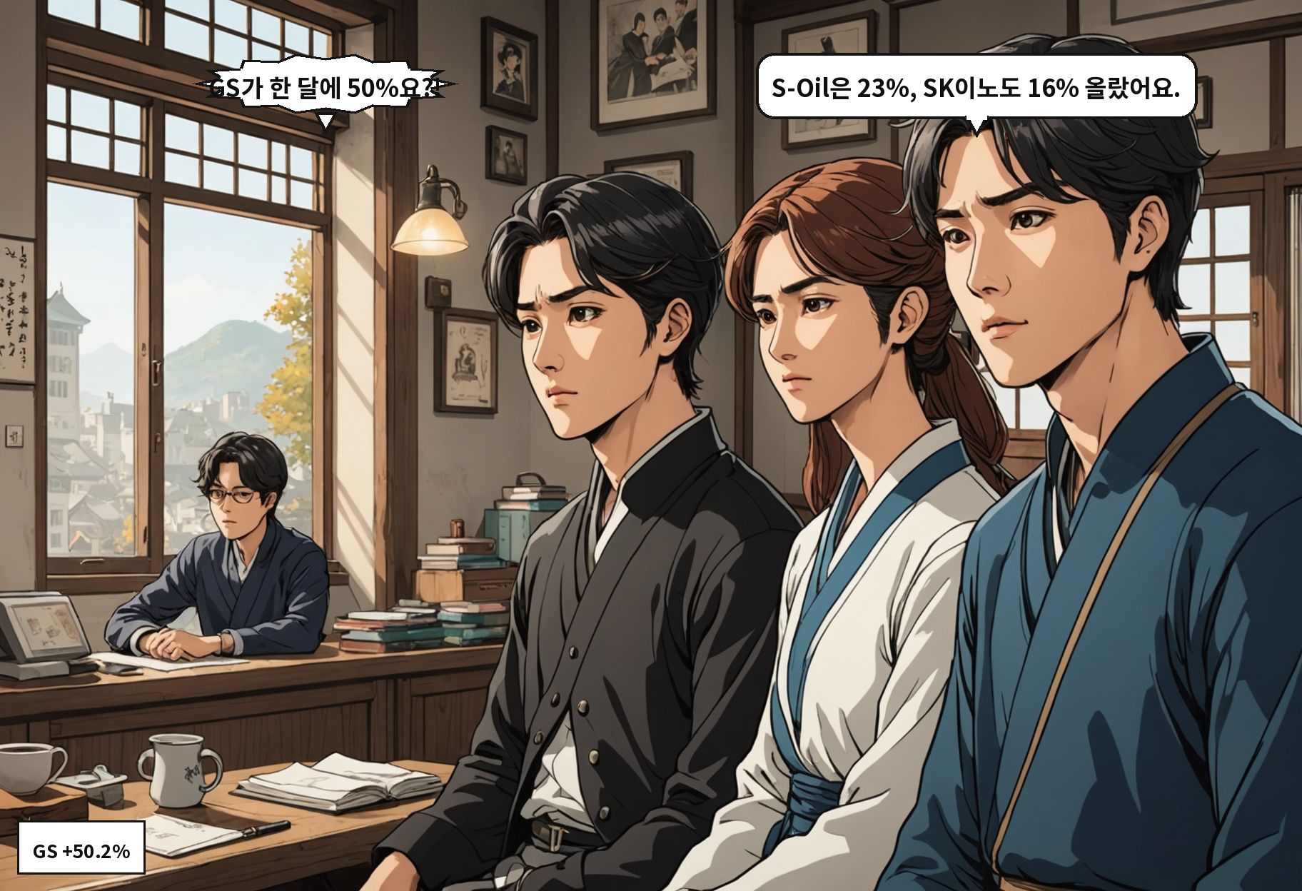 B: GS가 한 달에 50%요?! A: S-Oil은 23%, SK이노도 16% 올랐어요.