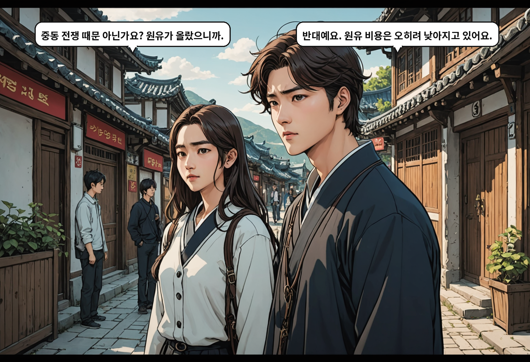 B: 중동 전쟁 때문 아닌가요? 원유가 올랐으니까. A: 반대예요. 원유 비용은 오히려 낮아지고 있어요.