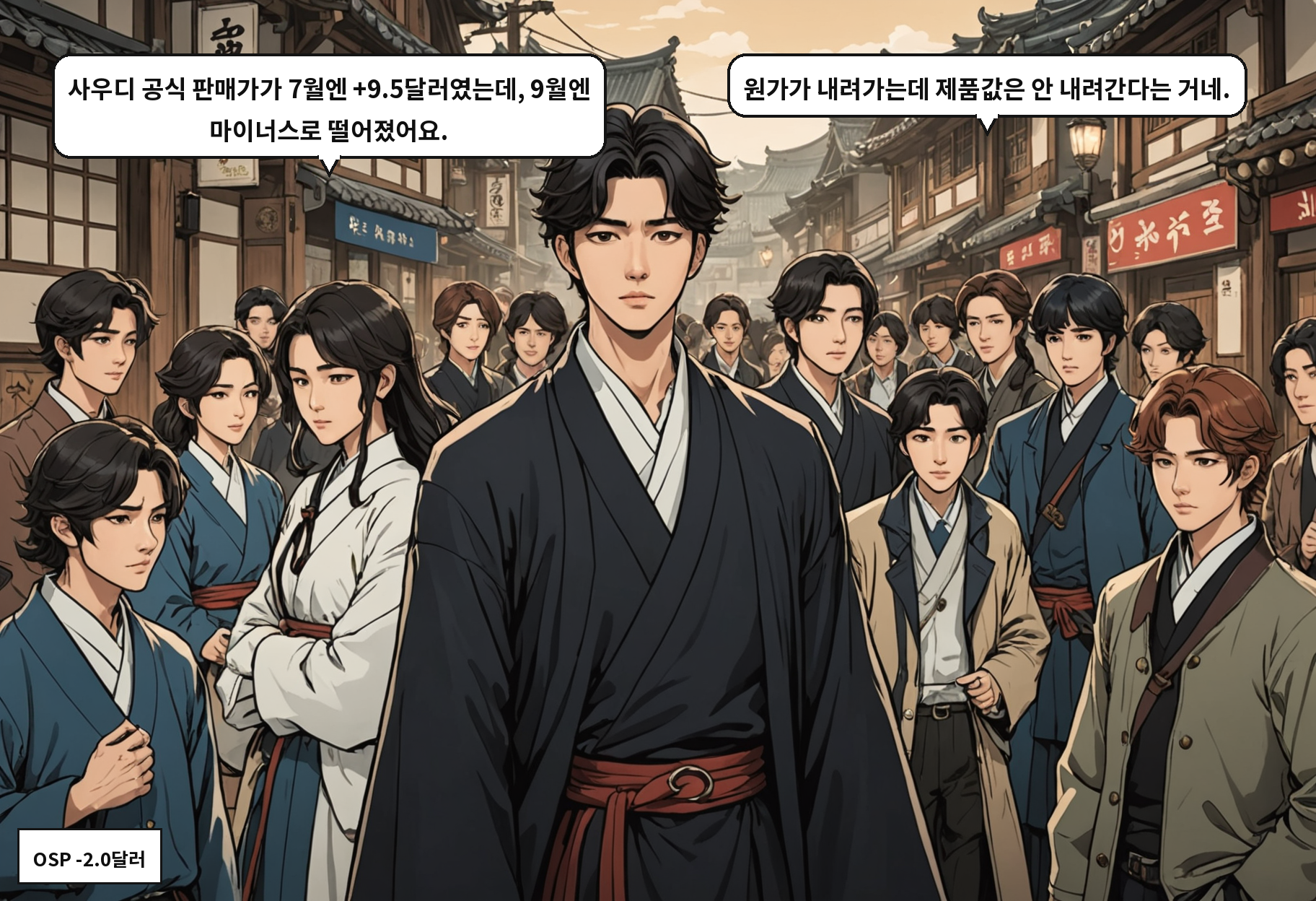 A: 사우디 공식 판매가가 7월엔 +9.5달러였는데, 9월엔 마이너스로 떨어졌어요. B: 원가가 내려가는데 제품값은 안 내려간다는 거네.