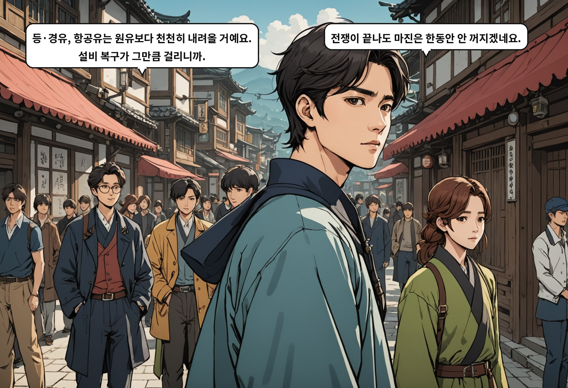 A: 등·경유, 항공유는 원유보다 천천히 내려올 거예요. 설비 복구가 그만큼 걸리니까. B: 전쟁이 끝나도 마진은 한동안 안 꺼지겠네요.