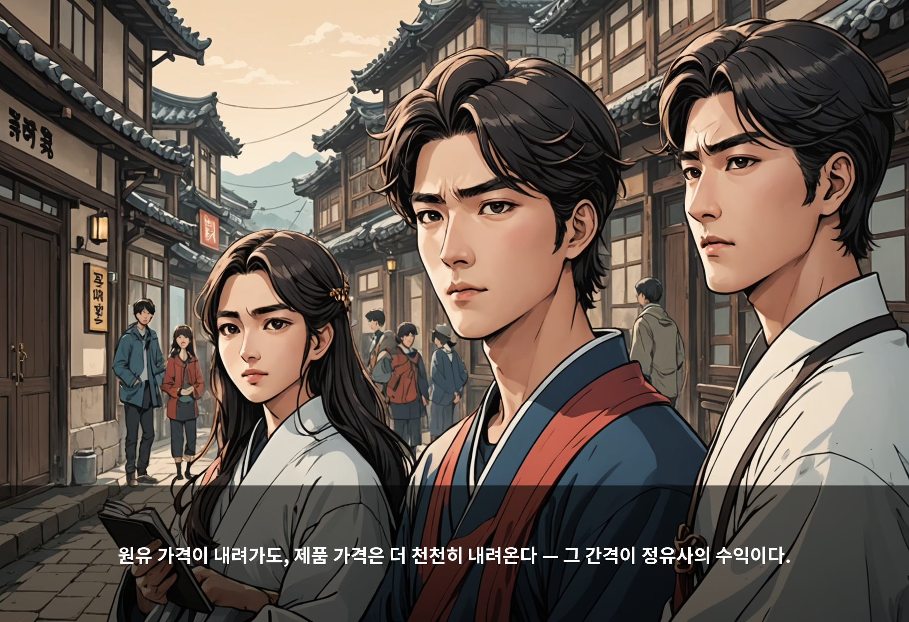 원유 가격이 내려가도, 제품 가격은 더 천천히 내려온다 — 그 간격이 정유사의 수익이다.