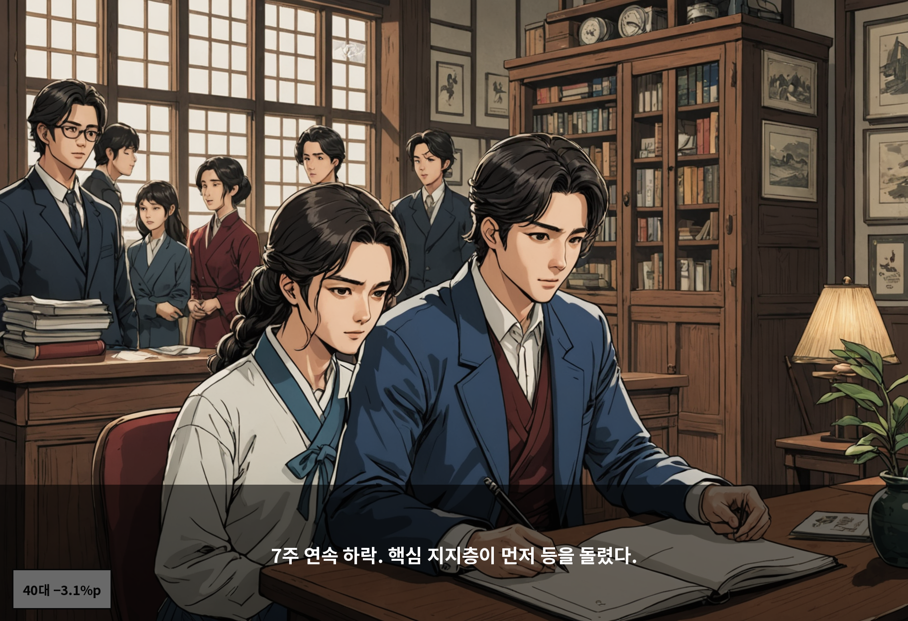 7주 연속 하락. 핵심 지지층이 먼저 등을 돌렸다.