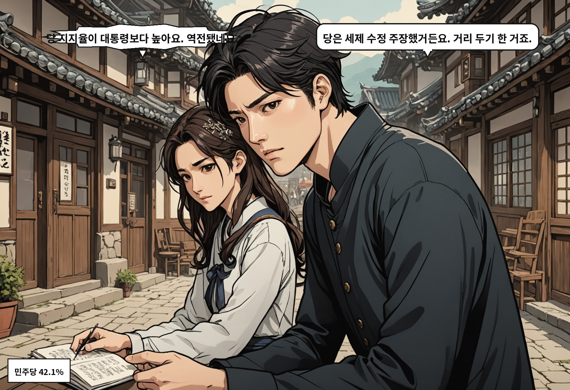 A: 당 지지율이 대통령보다 높아요. 역전됐네요. B: 당은 세제 수정 주장했거든요. 거리 두기 한 거죠.
