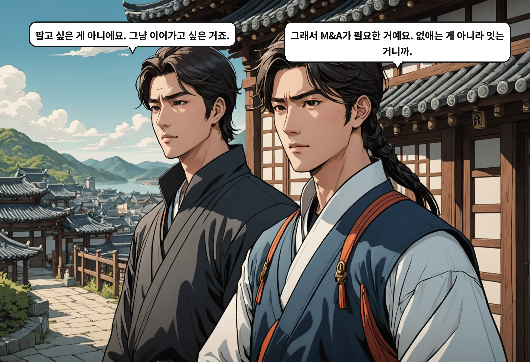 A: 팔고 싶은 게 아니에요. 그냥 이어가고 싶은 거죠. B: 그래서 M&A가 필요한 거예요. 없애는 게 아니라 잇는 거니까.