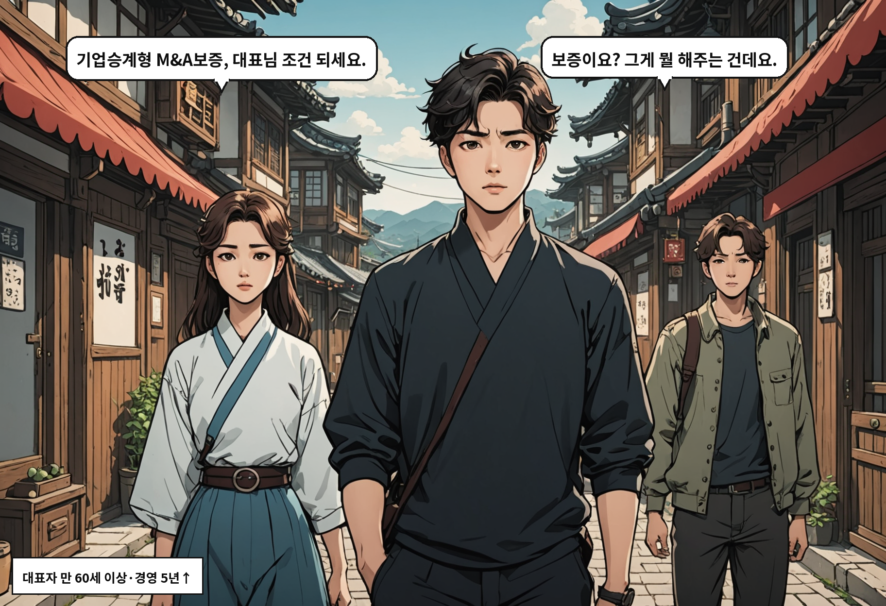 B: 기업승계형 M&A보증, 대표님 조건 되세요. A: 보증이요? 그게 뭘 해주는 건데요.