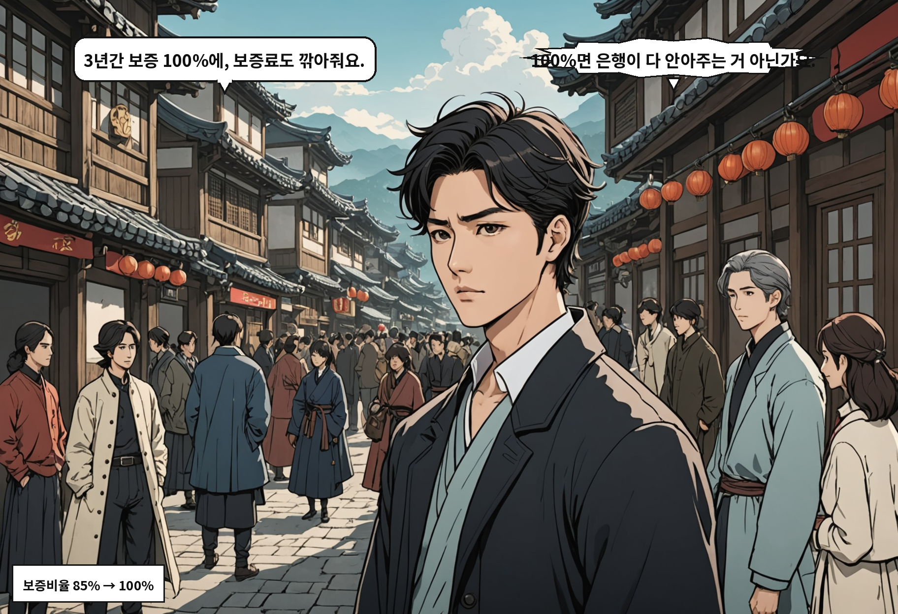 B: 3년간 보증 100%에, 보증료도 깎아줘요. A: 100%면 은행이 다 안아주는 거 아닌가요.