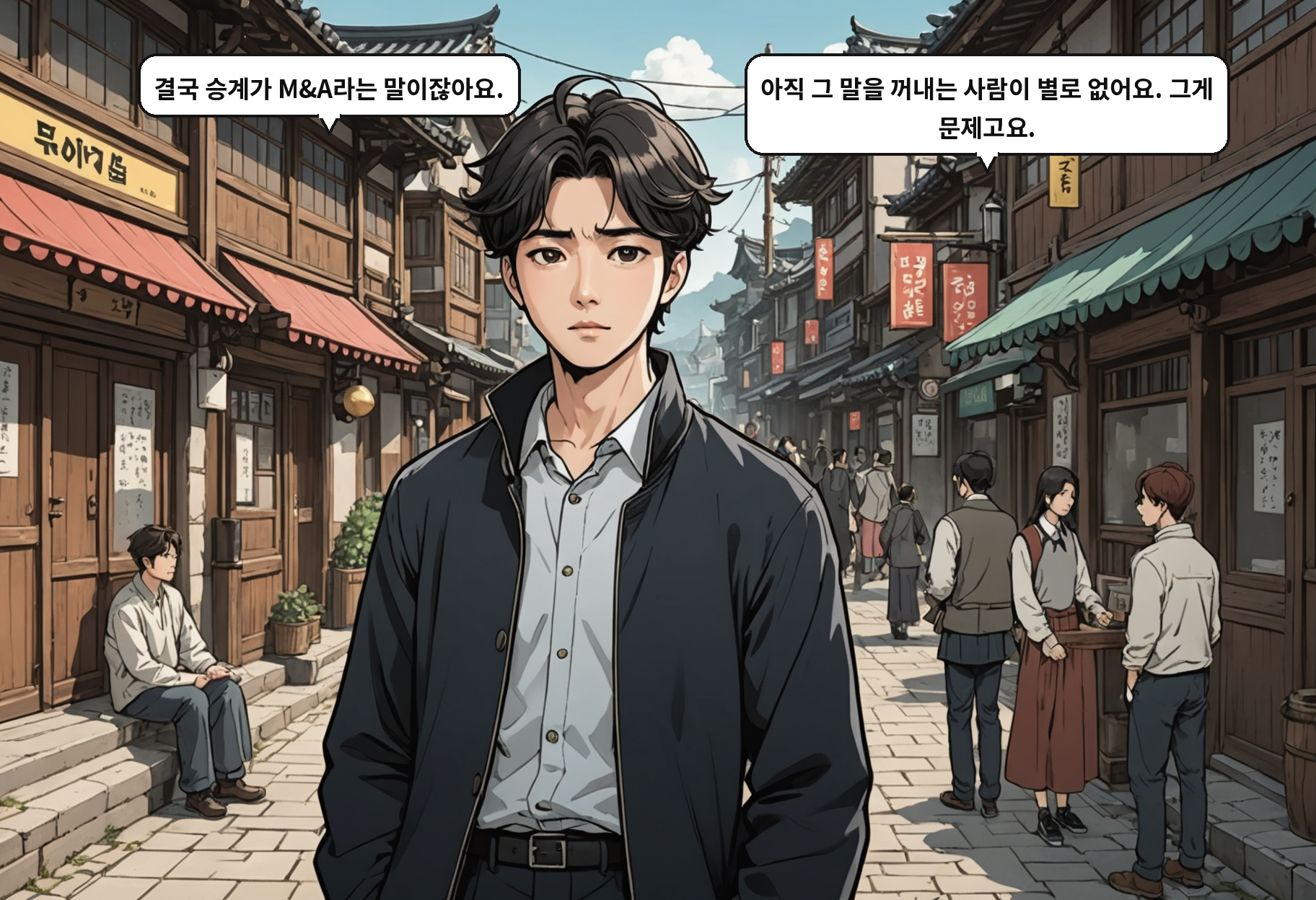 A: 결국 승계가 M&A라는 말이잖아요. B: 아직 그 말을 꺼내는 사람이 별로 없어요. 그게 문제고요.