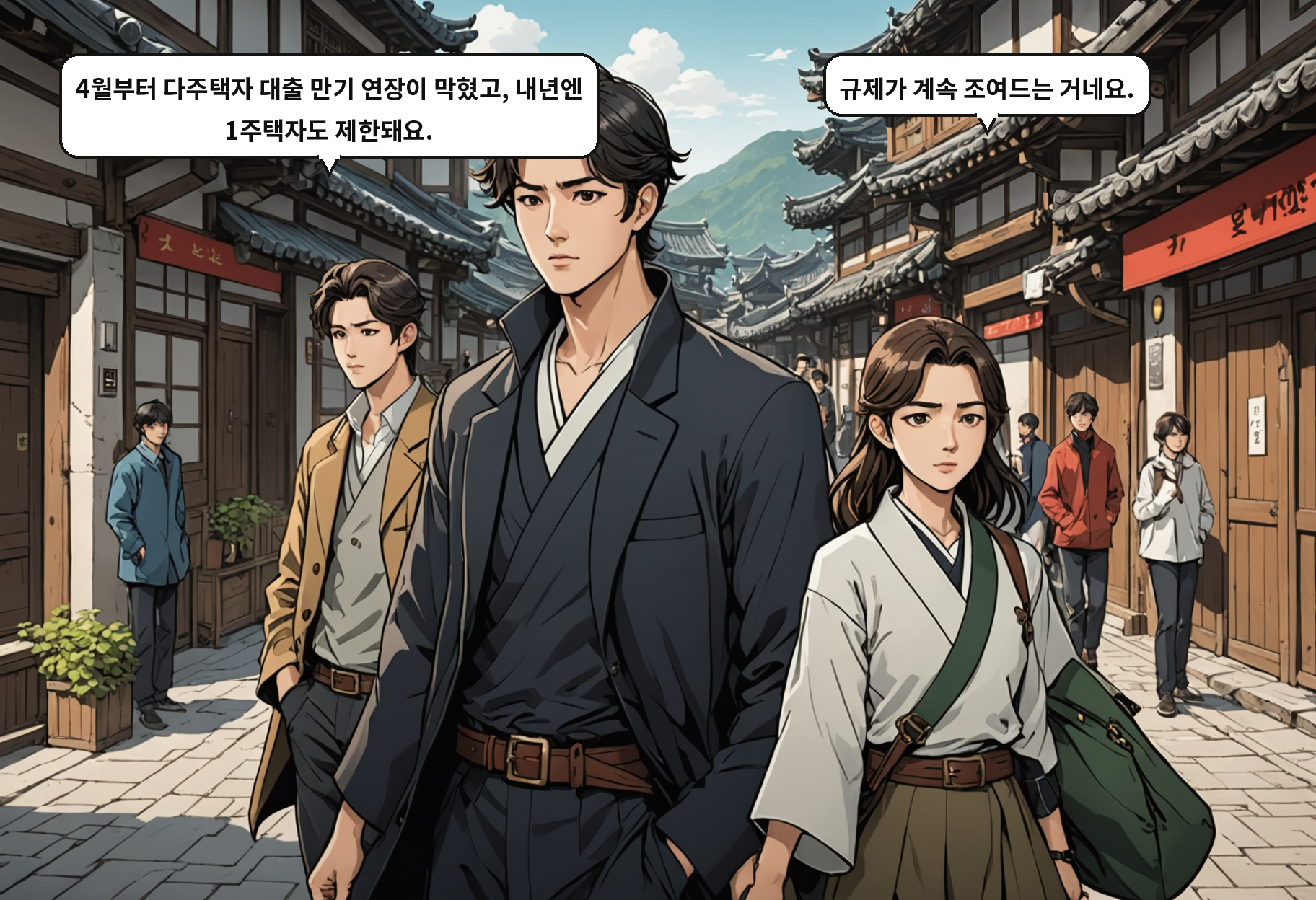 B: 4월부터 다주택자 대출 만기 연장이 막혔고, 내년엔 1주택자도 제한돼요. A: 규제가 계속 조여드는 거네요.
