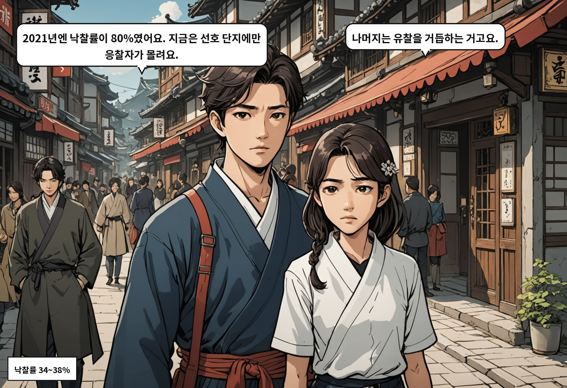 B: 2021년엔 낙찰률이 80%였어요. 지금은 선호 단지에만 응찰자가 몰려요. A: 나머지는 유찰을 거듭하는 거고요.