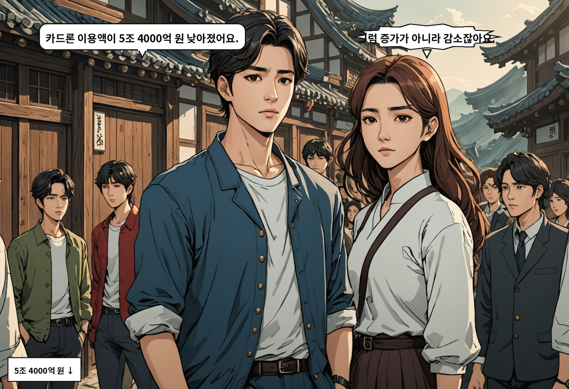 B: 카드론 이용액이 5조 4000억 원 낮아졌어요. A: 그럼 증가가 아니라 감소잖아요.
