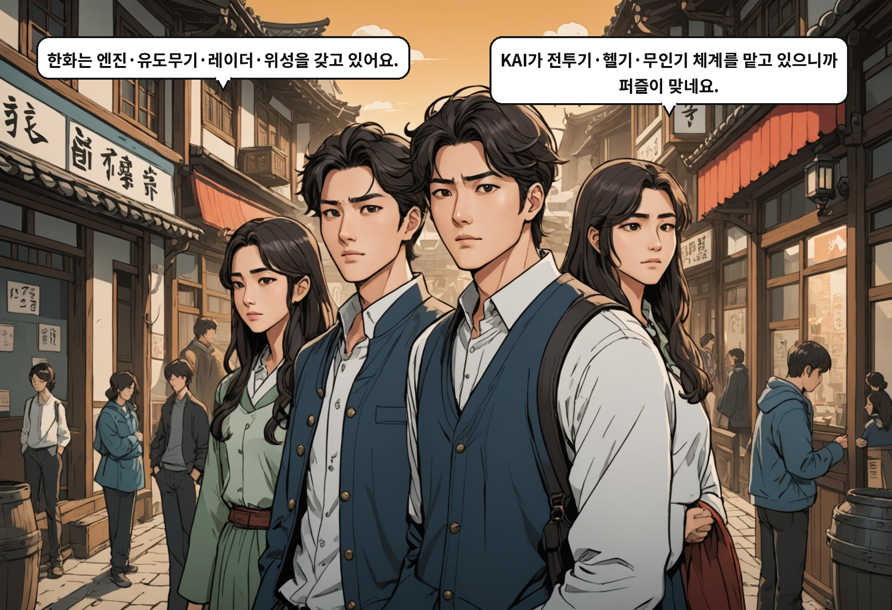 B: 한화는 엔진·유도무기·레이더·위성을 갖고 있어요. A: KAI가 전투기·헬기·무인기 체계를 맡고 있으니까 퍼즐이 맞네요.
