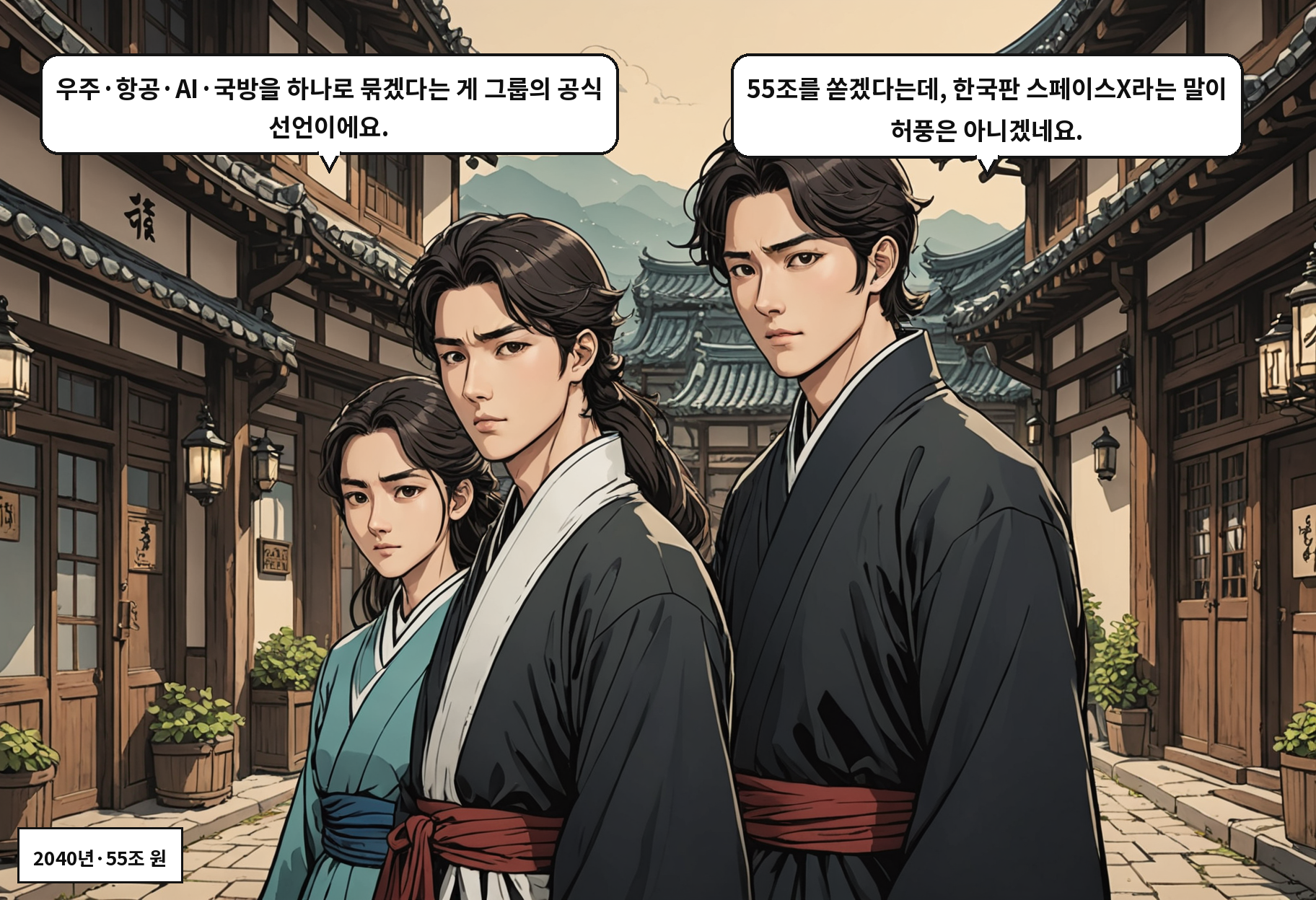 B: 우주·항공·AI·국방을 하나로 묶겠다는 게 그룹의 공식 선언이에요. A: 55조를 쏟겠다는데, 한국판 스페이스X라는 말이 허풍은 아니겠네요.